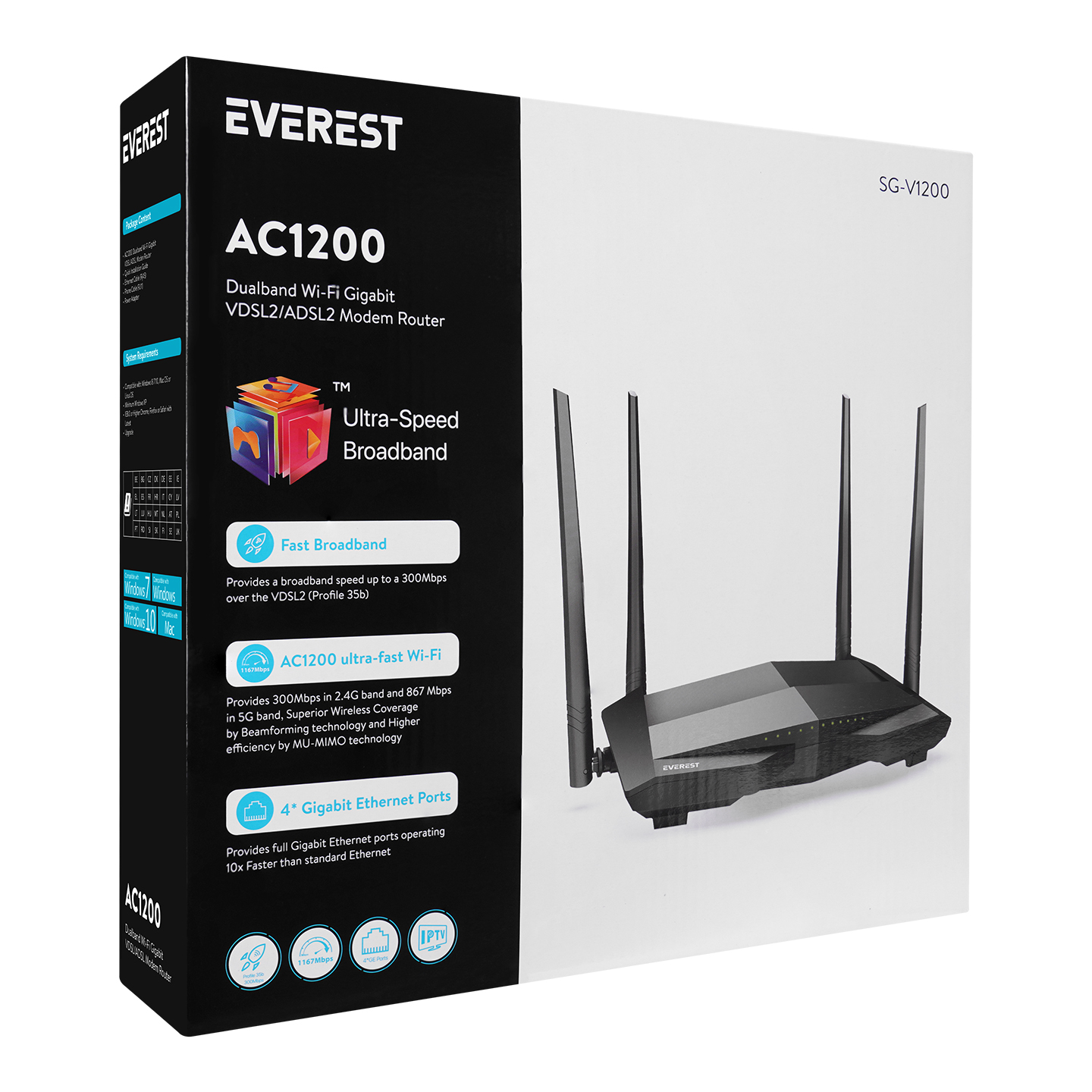 Dört antenli siyah bir AC1200 Wi-Fi yönlendirici beyaz bir yüzeyde duruyor.