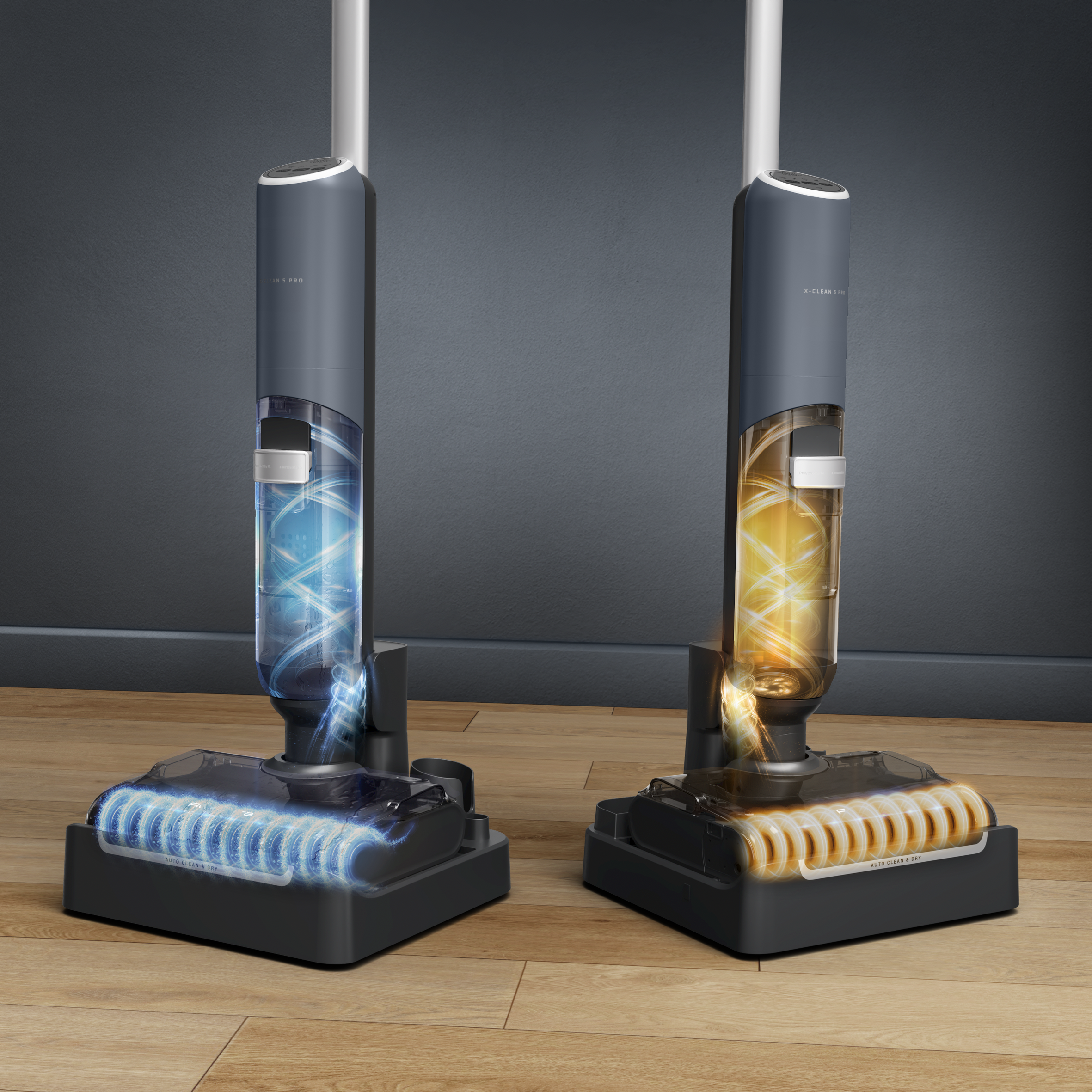 Deux nettoyeurs de sol avec réservoirs transparents montrant des effets de lumière bleus et oranges.