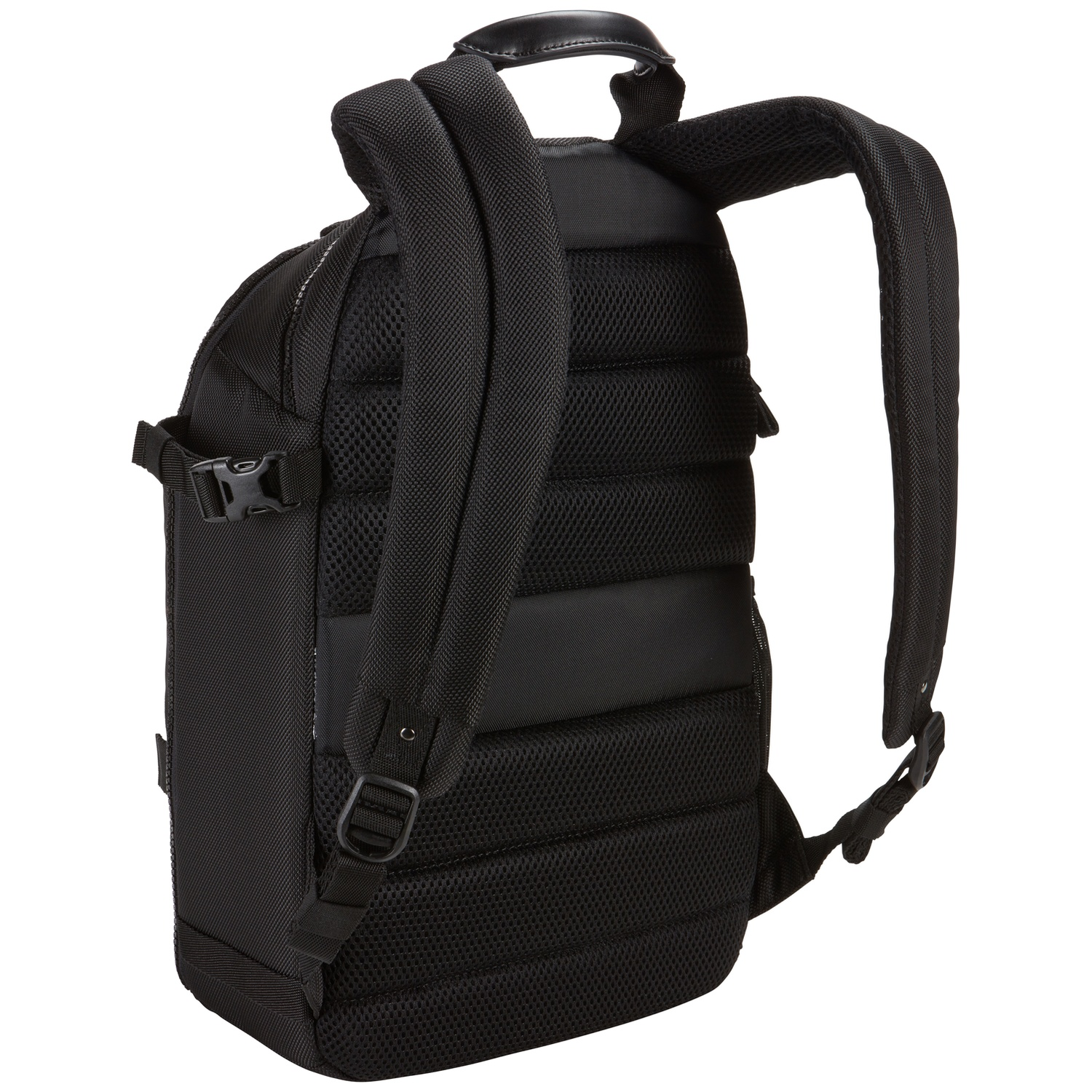 Un sac à dos noir avec des bretelles rembourrées et une poignée supérieure.