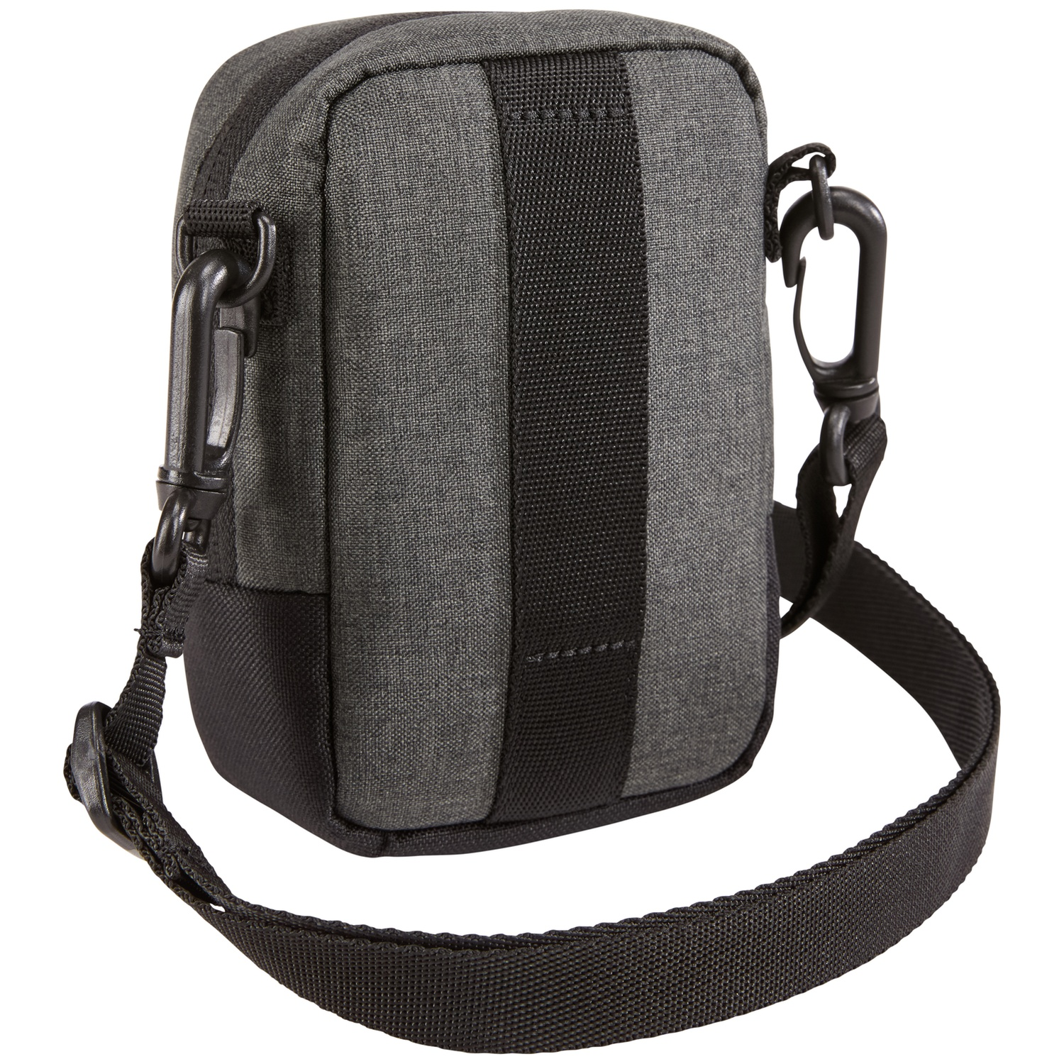 Grijze stoffen tas met zwarte riem en clips, verticale strepen.