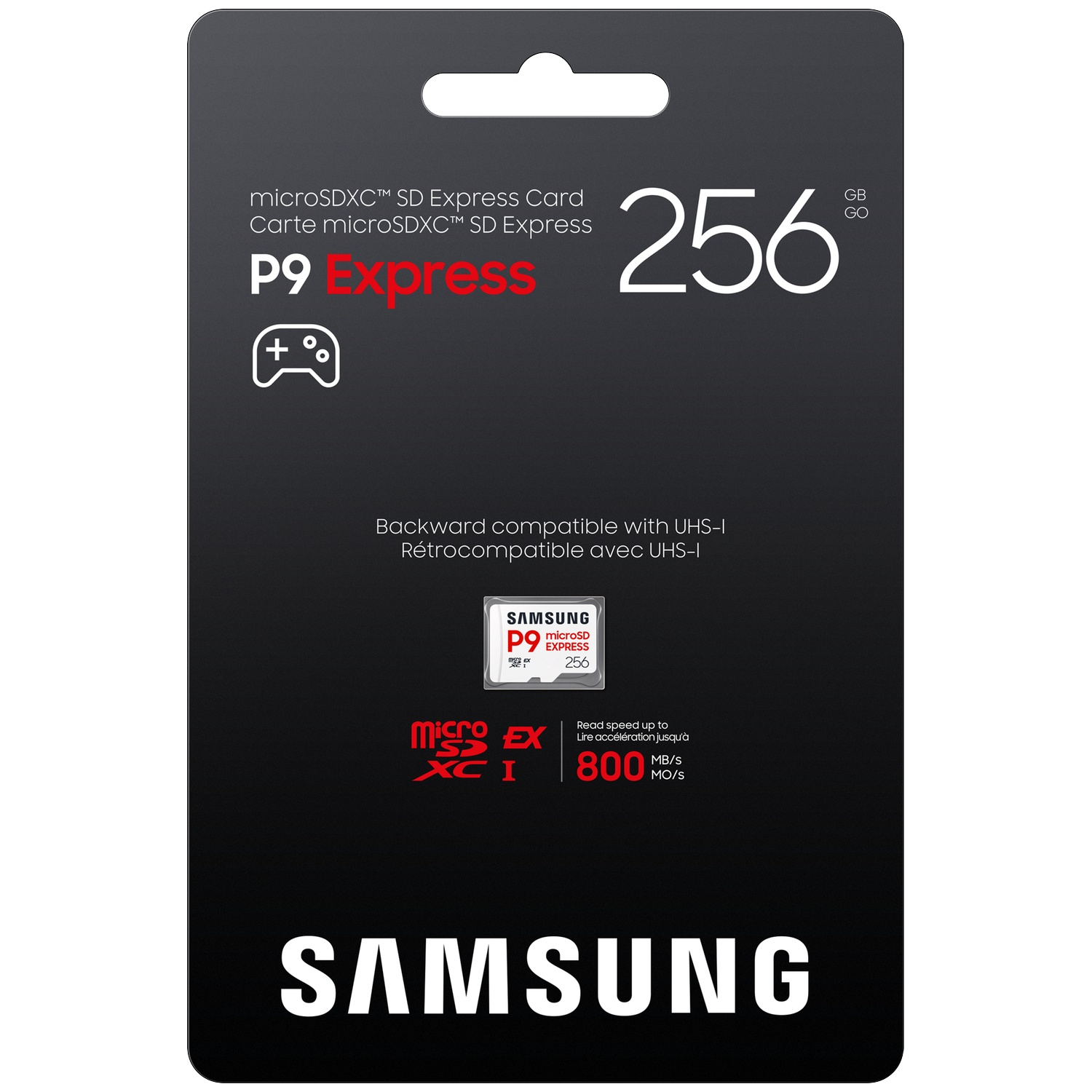 Samsung 256GB microSDXC P9 Express card with game controller icon. 800 MB/s.