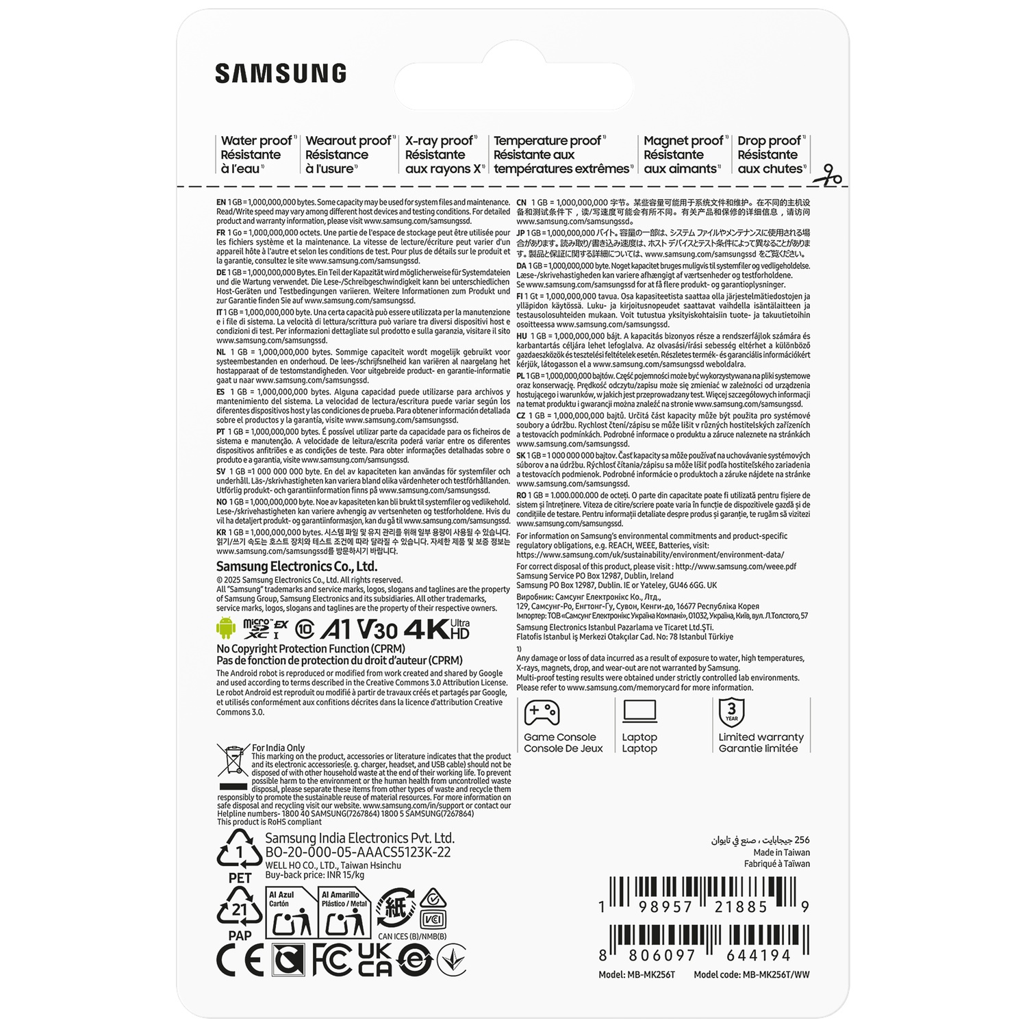 Samsung memory card with product info, manufacturing details, and certifications.