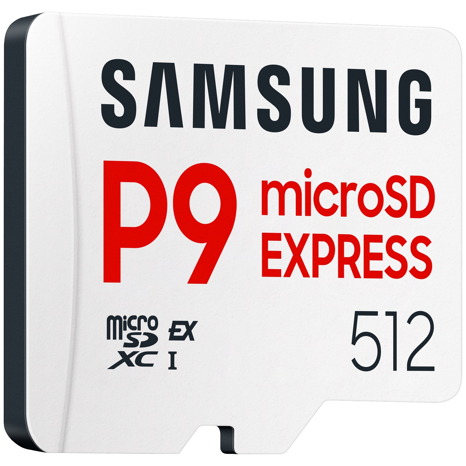 Samsung P9 microSD Express 512GB memory card with red text.
