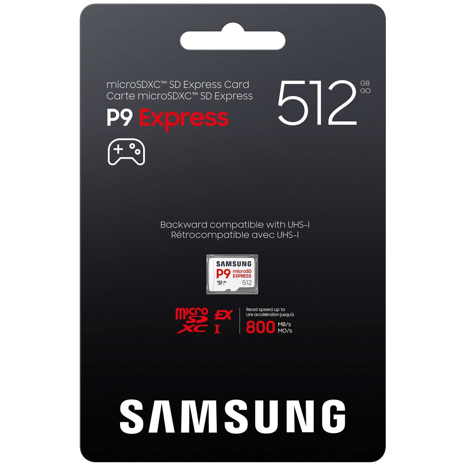 Packaging for a 512 GB microSDXC SD Express card with P9 and gaming icon.