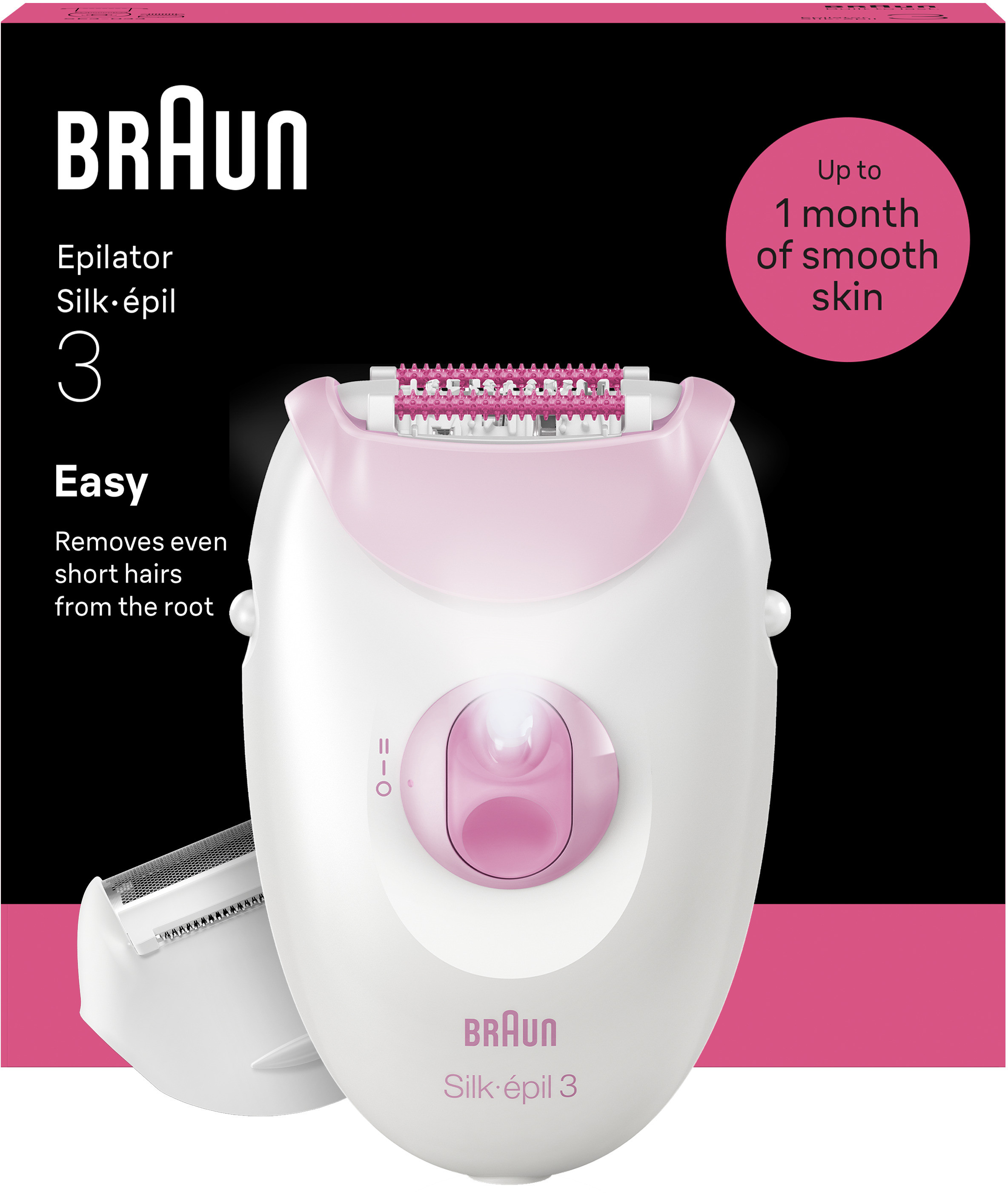 Epilatore Braun Silk-épil 3, bianco e rosa, con accessorio.