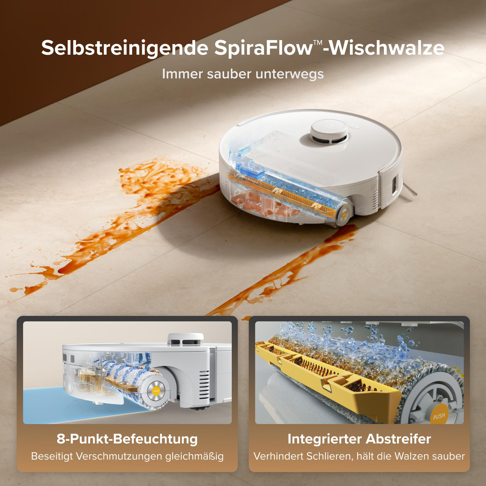 Ein Saugroboter reinigt einen Fleck auf dem Boden. Detailaufnahmen zeigen die Walze.