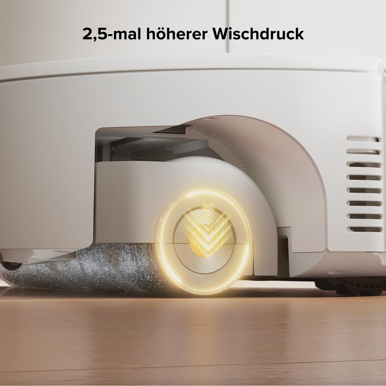 Ein Roboterstaubsauger mit einer rotierenden Bürste und gelben Pfeilen.