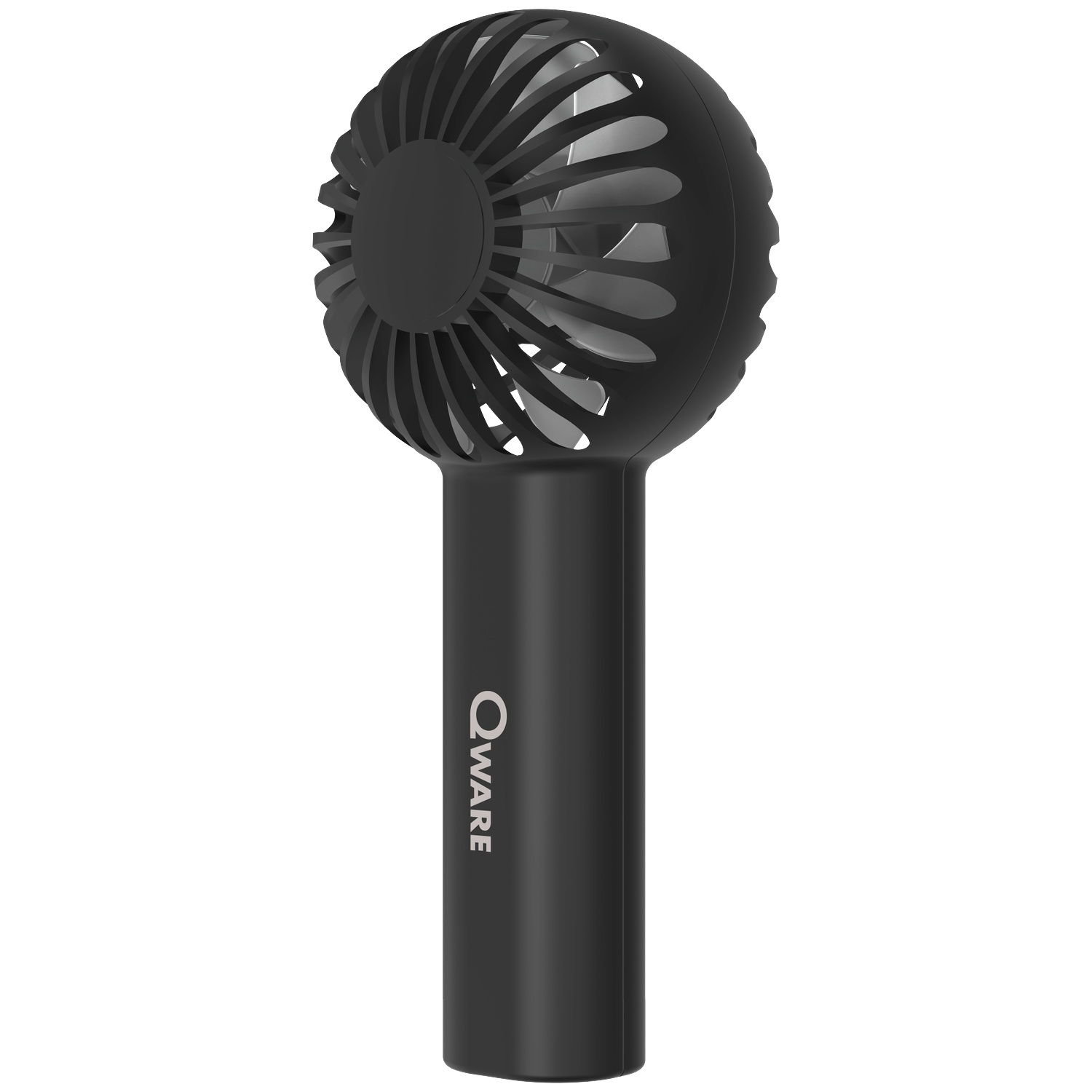 Un ventilateur portable noir avec le logo QWARE sur le manche.