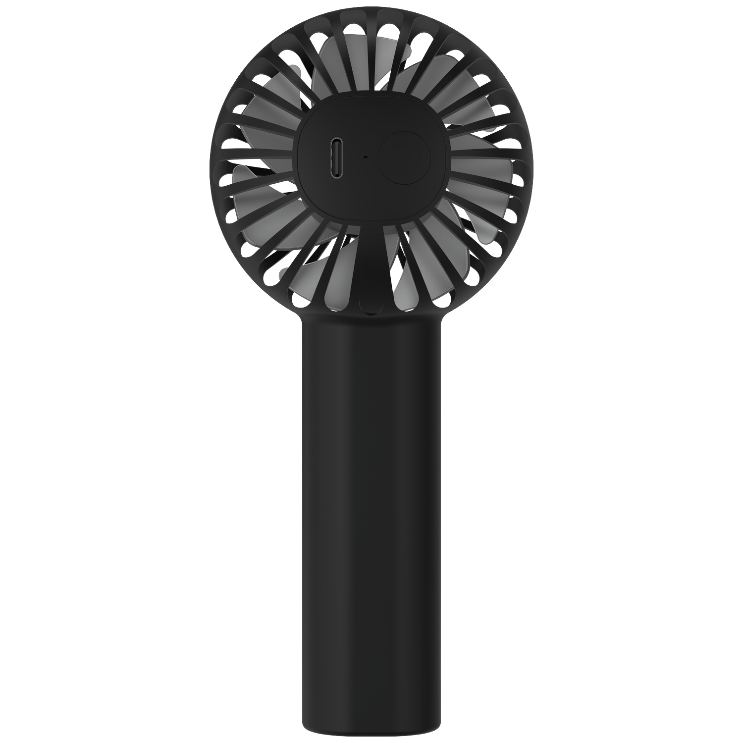 Un ventilateur portable noir avec une tête ronde et un manche cylindrique.