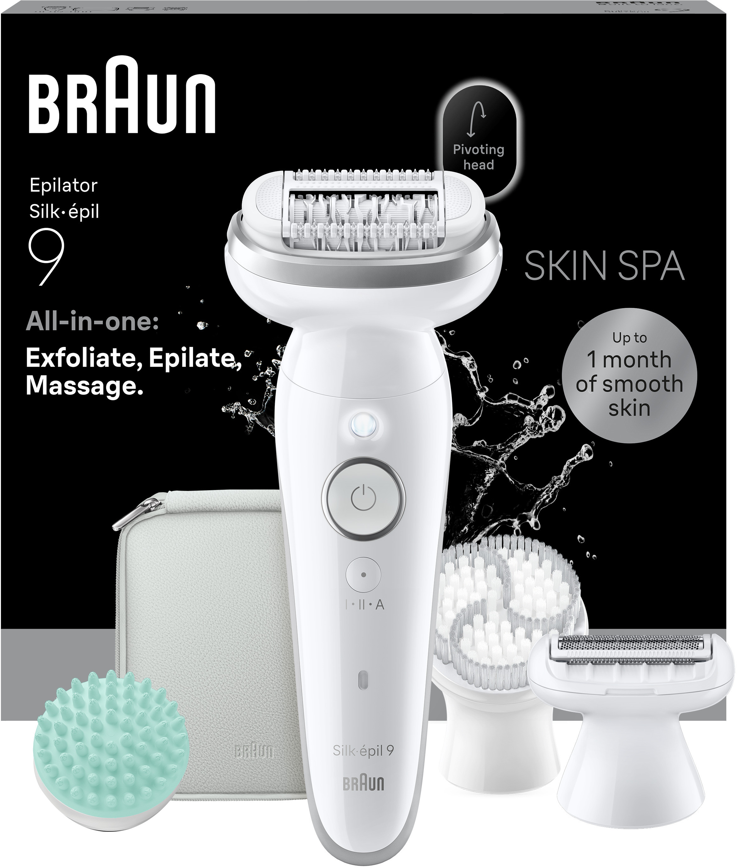 Épilateur Braun Silk-épil 9 avec brosse de massage, brosse exfoliante et pochette.