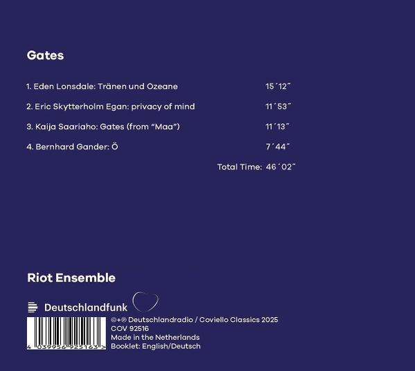 Titelliste für 'Gates' von Riot Ensemble mit Laufzeiten.
