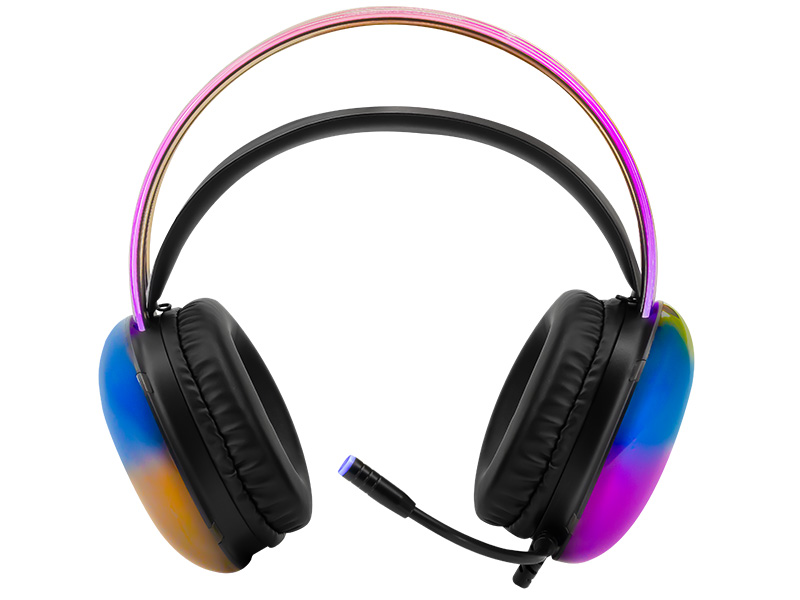 Czarne słuchawki z kolorowym podświetleniem i mikrofonem.