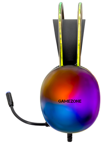 Słuchawki gamingowe z kulistą, wielokolorową nausznicą i mikrofonem.