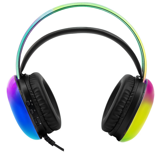 Czarne słuchawki z tęczowymi akcentami i wyściełanymi nausznikami. Przewodowe.