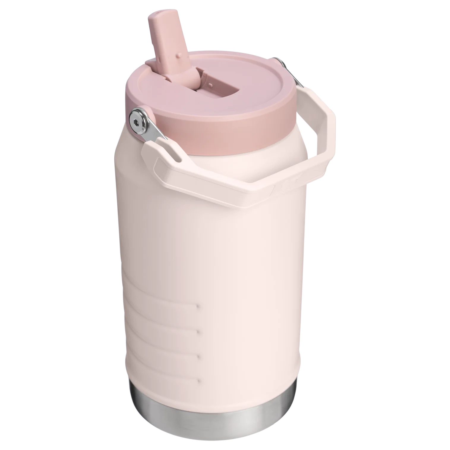 Pembe kapaklı ve kulplu beyaz su şişesi, siyah arka plan üzerinde.