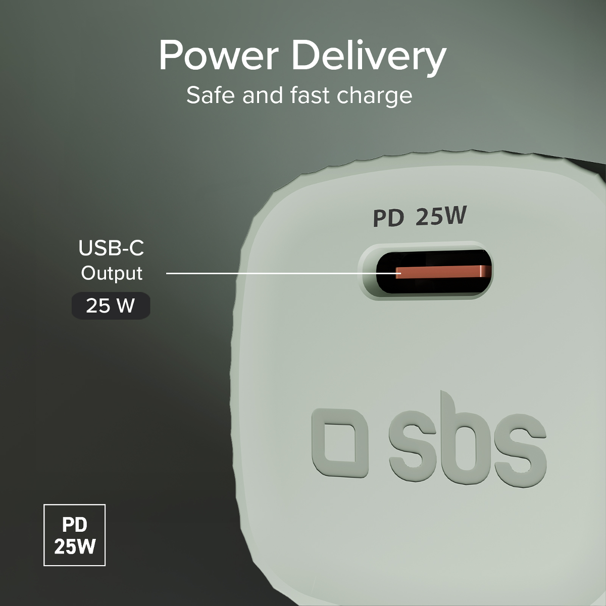 Nahaufnahme eines weißen USB-C-Ladegeräts mit 25W PD-Leistung.