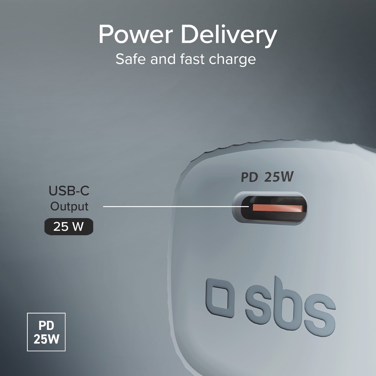 Ein weißes SBS-Ladegerät mit USB-C-Anschluss und 25W PD-Leistung.