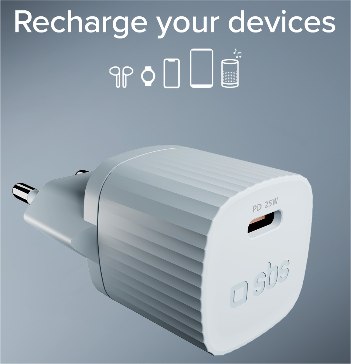 Ein weißer Ladeadapter mit PD 25W und SBS-Logo. Oben sind Symbole für Kopfhörer, Uhr, Smartphone und Lautsprecher.