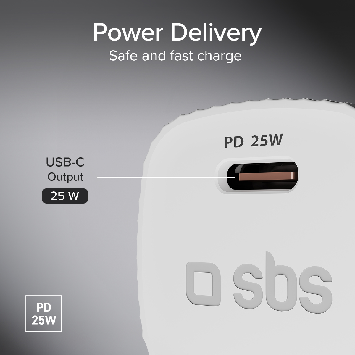 Ein weißes USB-C Ladegerät mit 25W PD-Unterstützung und SBS-Logo.