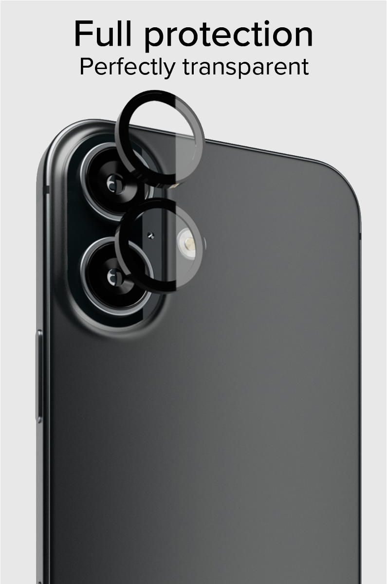 Drei transparente Schutzgläser für die Kameralinsen eines dunklen Smartphones.