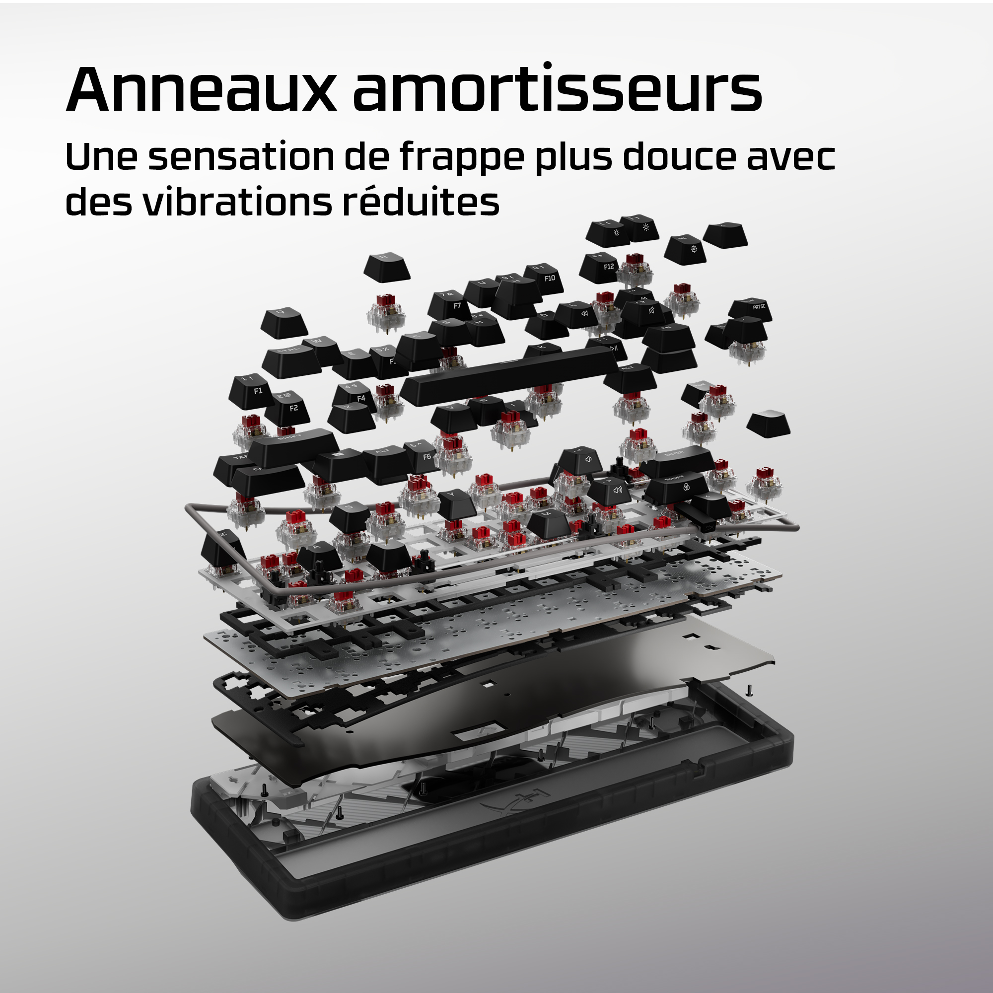 Vue éclatée d'un clavier montrant des anneaux amortisseurs.