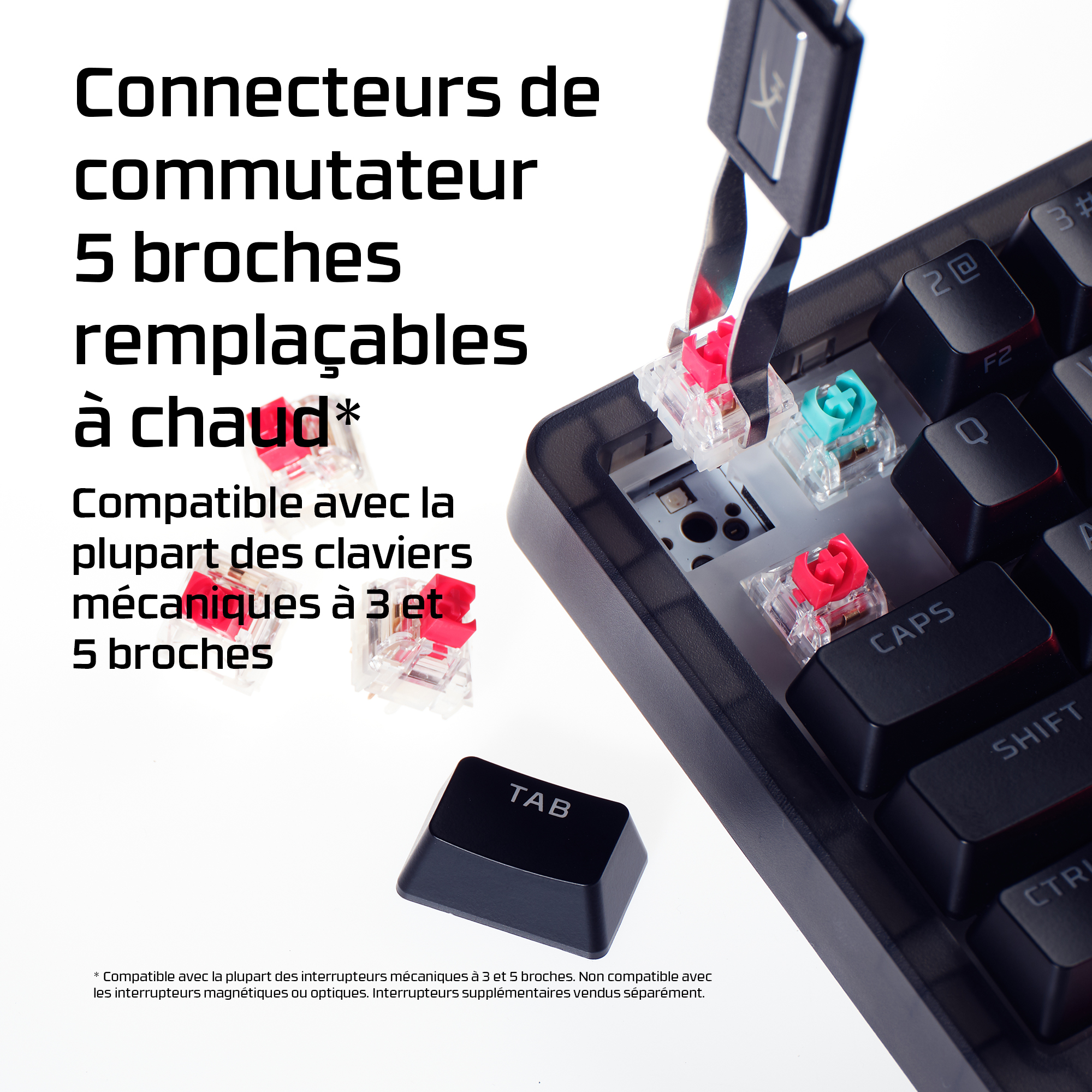 Connecteurs de commutateur remplaçables à chaud pour claviers mécaniques.