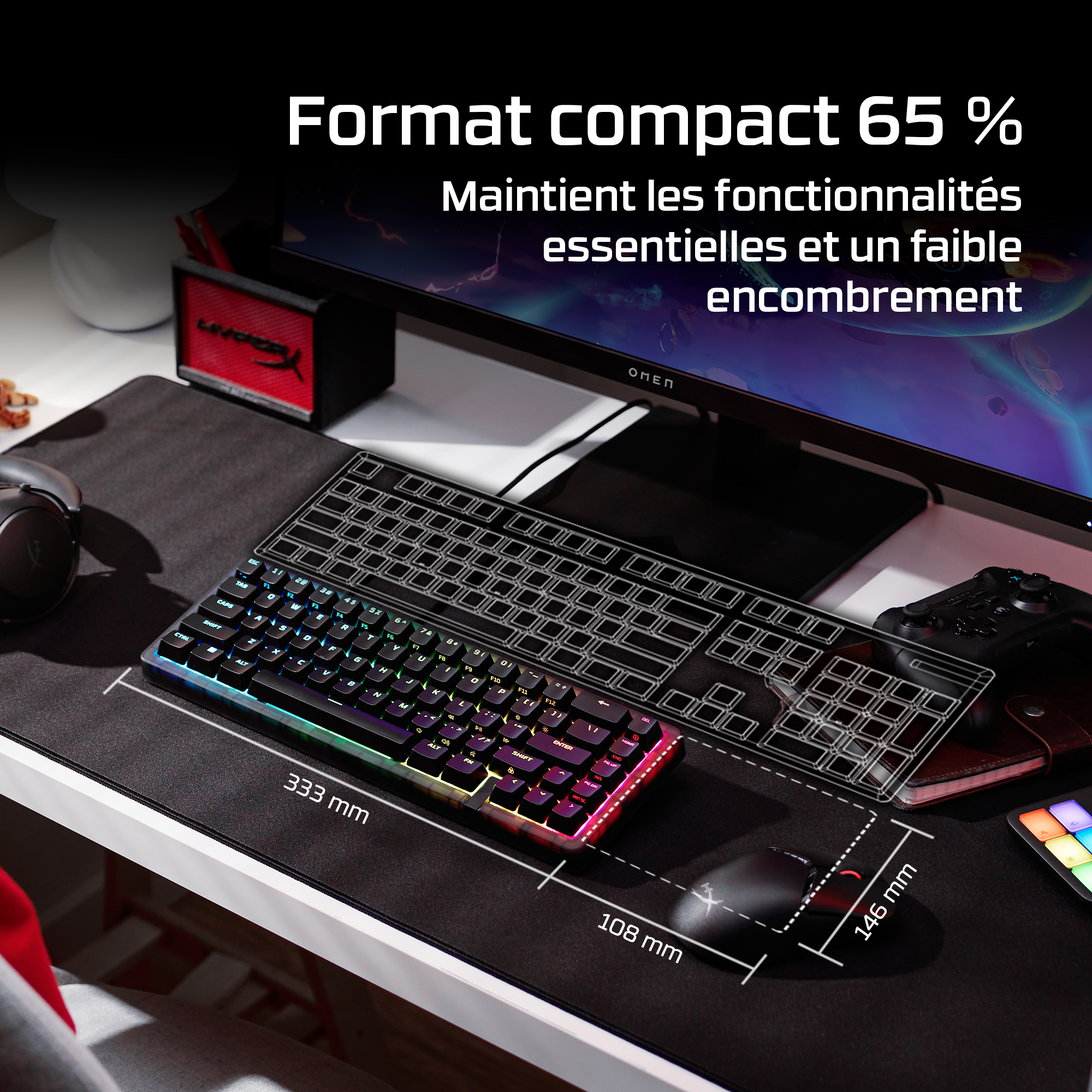 Un setup gaming compact avec clavier, souris et casque RGB sur un tapis.