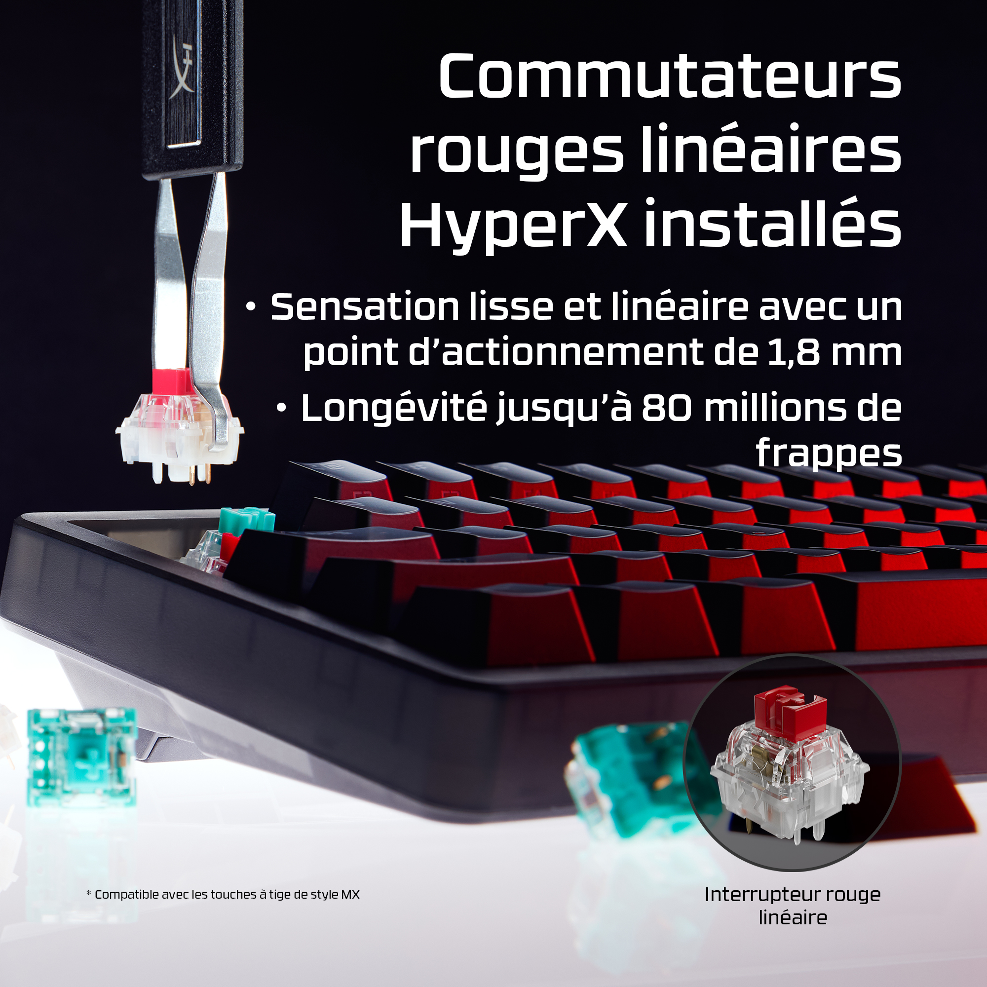 Commutateurs linéaires rouges HyperX avec tige rouge et clavier.