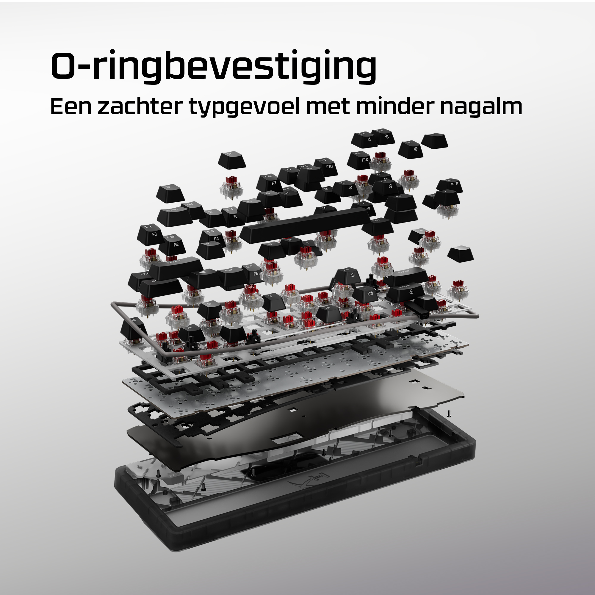 Exploded view van een toetsenbord met schakelaars en toetsen.