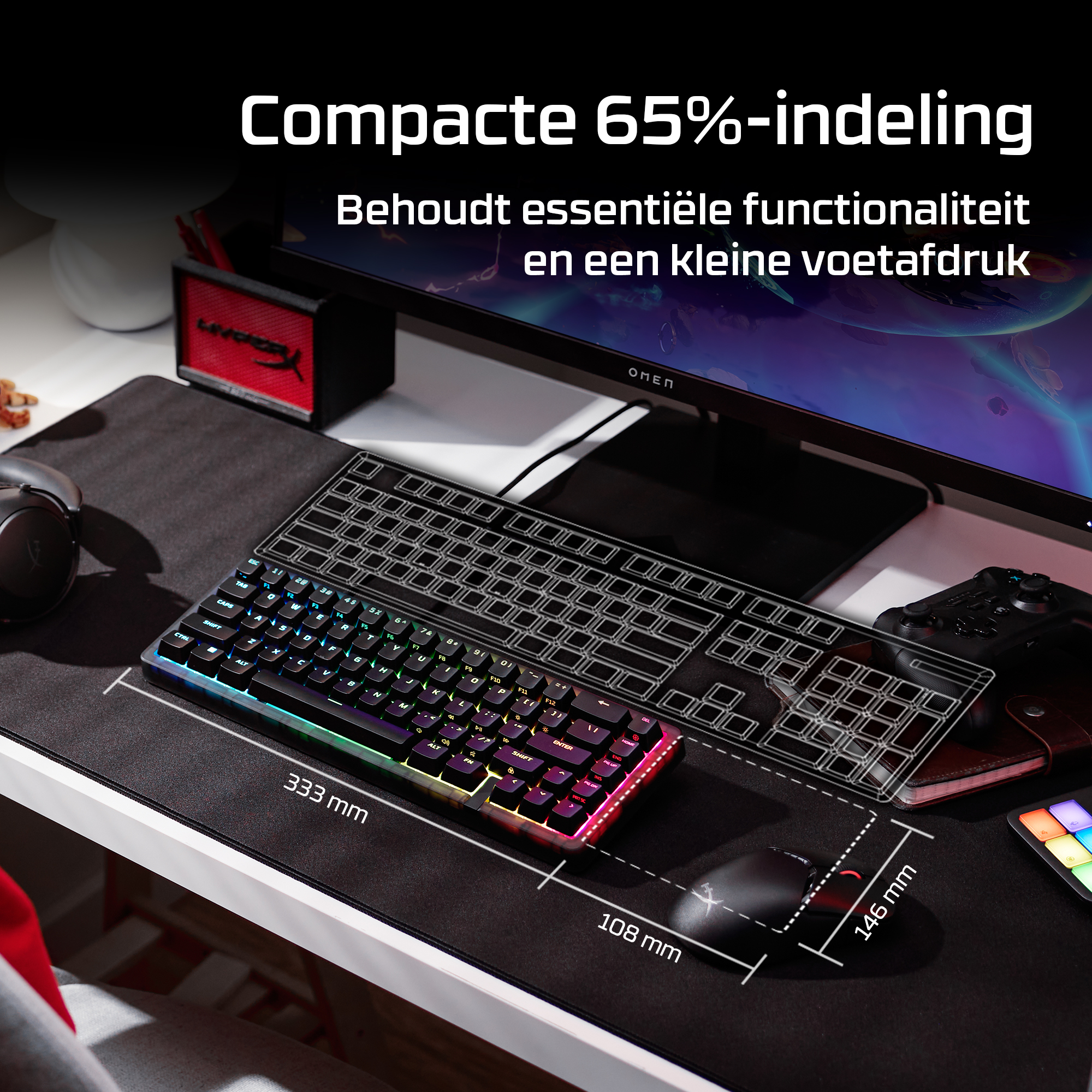 Een compacte gaming setup met toetsenbord, muis, koptelefoon en controller.