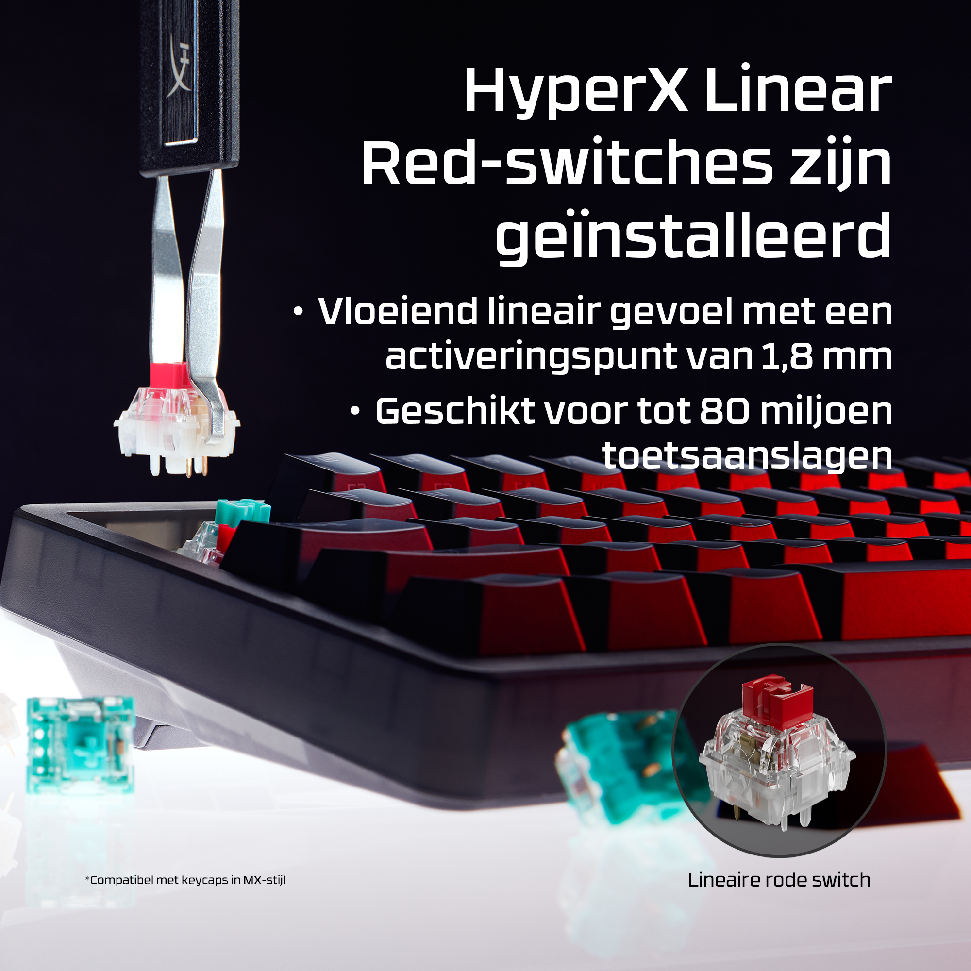 HyperX lineaire rode switches geïnstalleerd. Vloeiend lineair gevoel. 80 miljoen klikken.