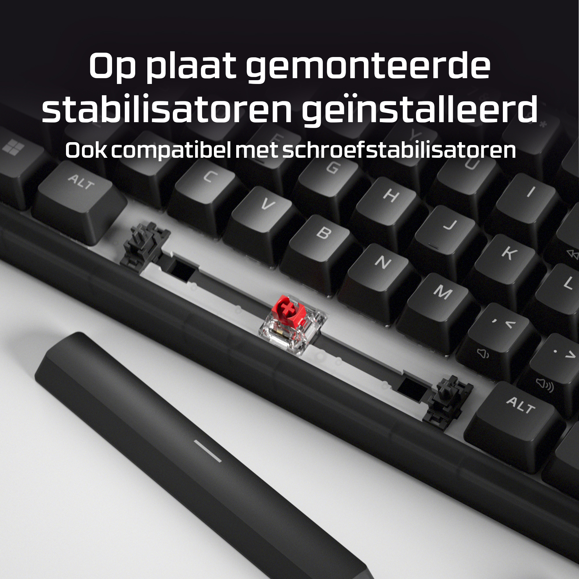Close-up van een toetsenbord met blootgelegde stabilisatoren en een rode schakelaar.