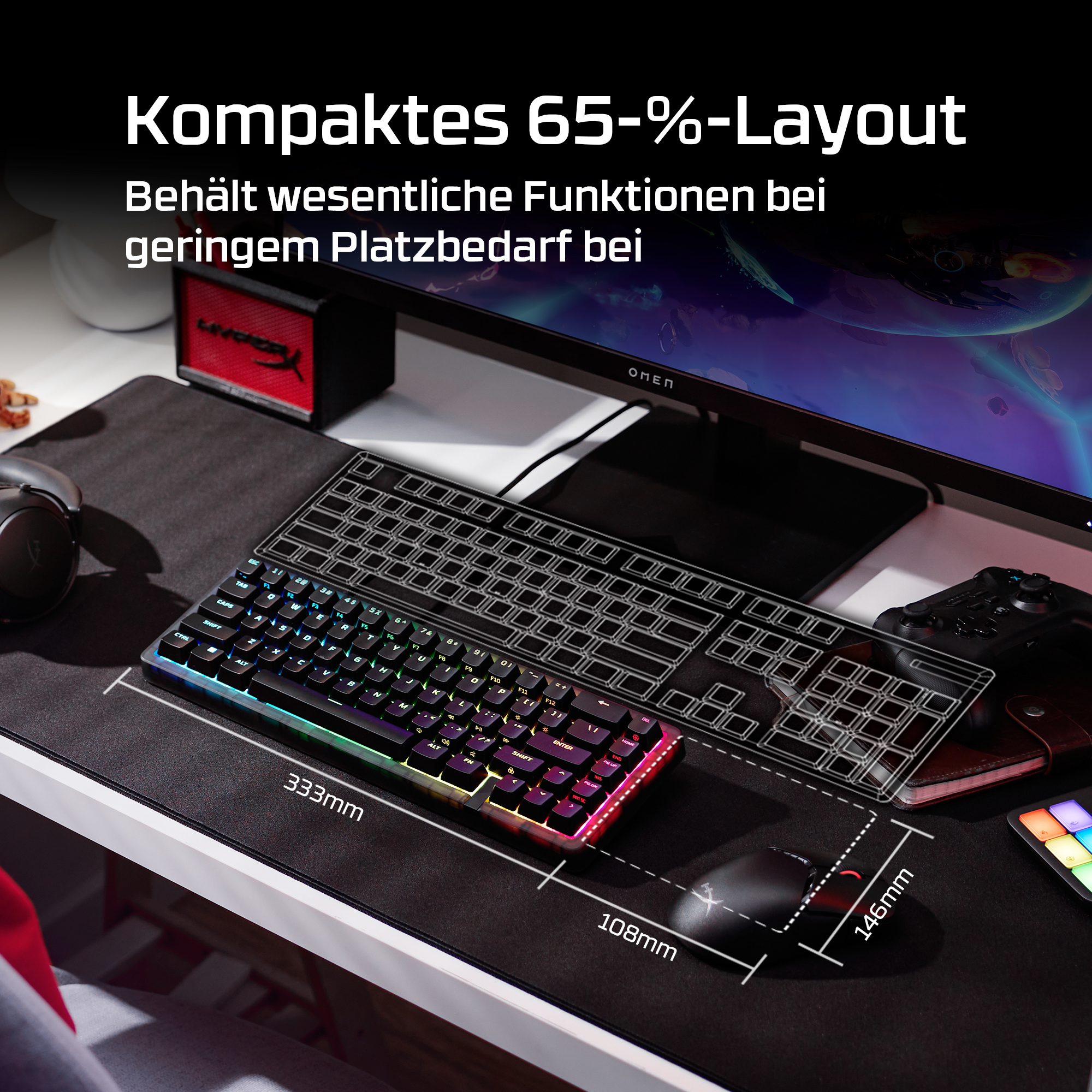 Ein kompaktes 65%-Layout mit Tastatur, Maus und Kopfhörern auf einem Schreibtisch.