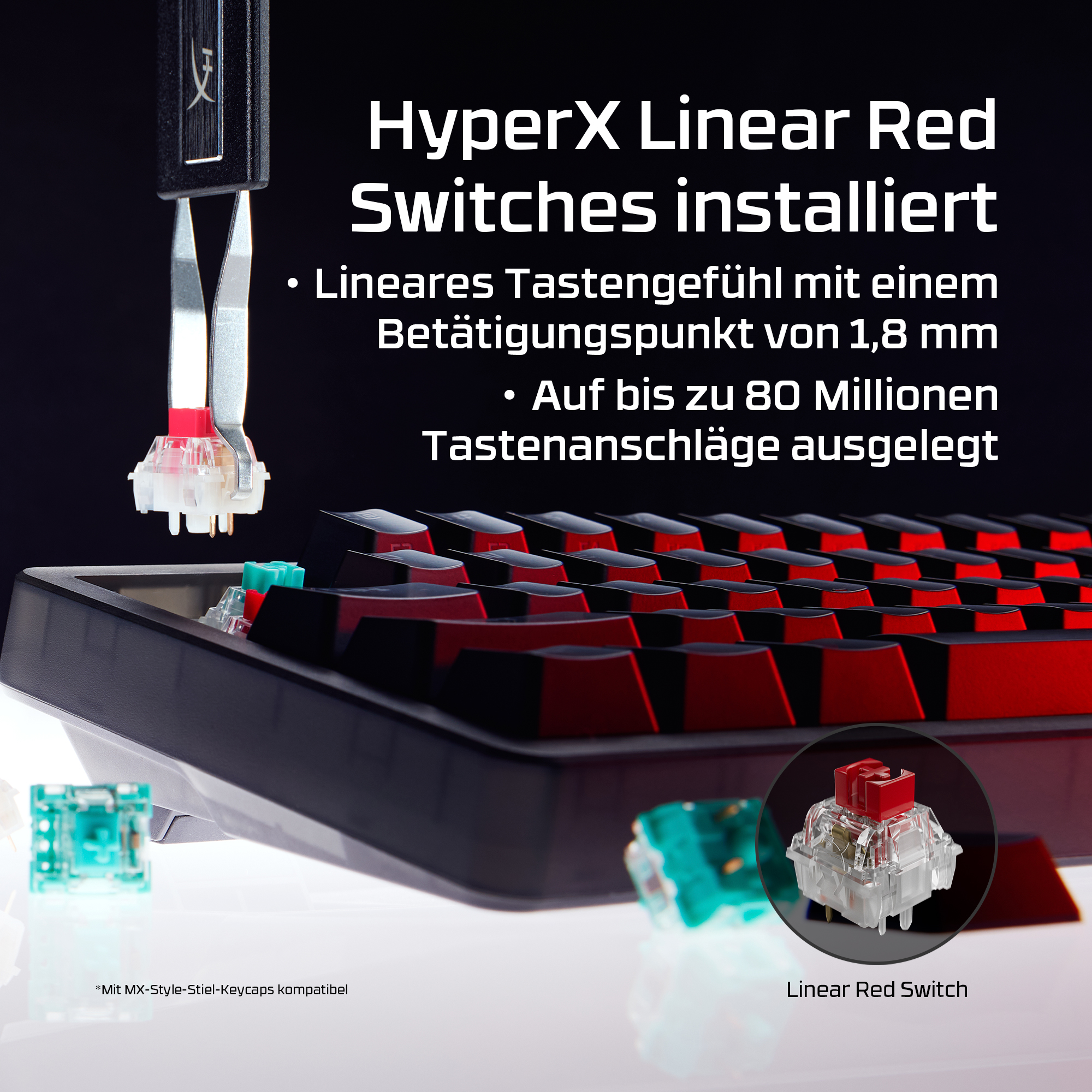 HyperX Linear Red Switches werden installiert. Tastenanschlag 1,8mm, 80 Mio. Anschläge.