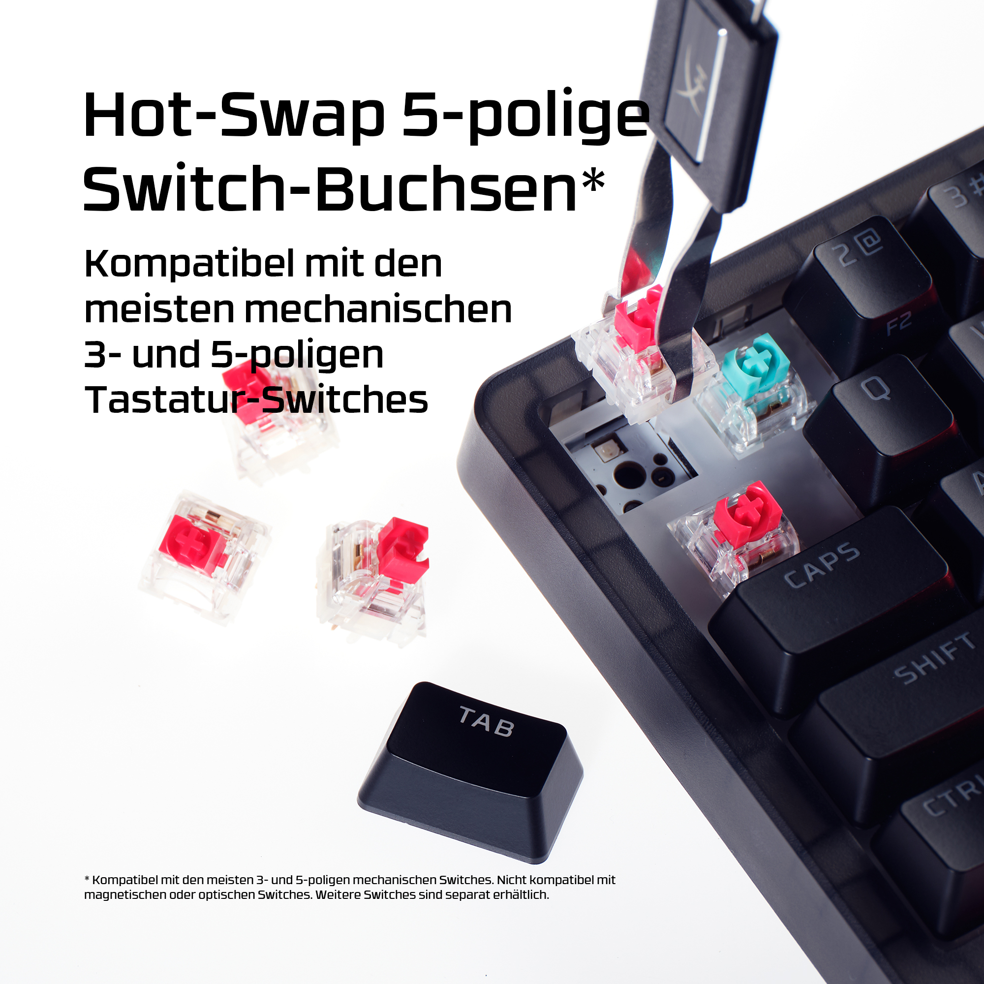 Mechanische Tastenschalter, einige rot, werden in eine Tastatur eingesetzt.