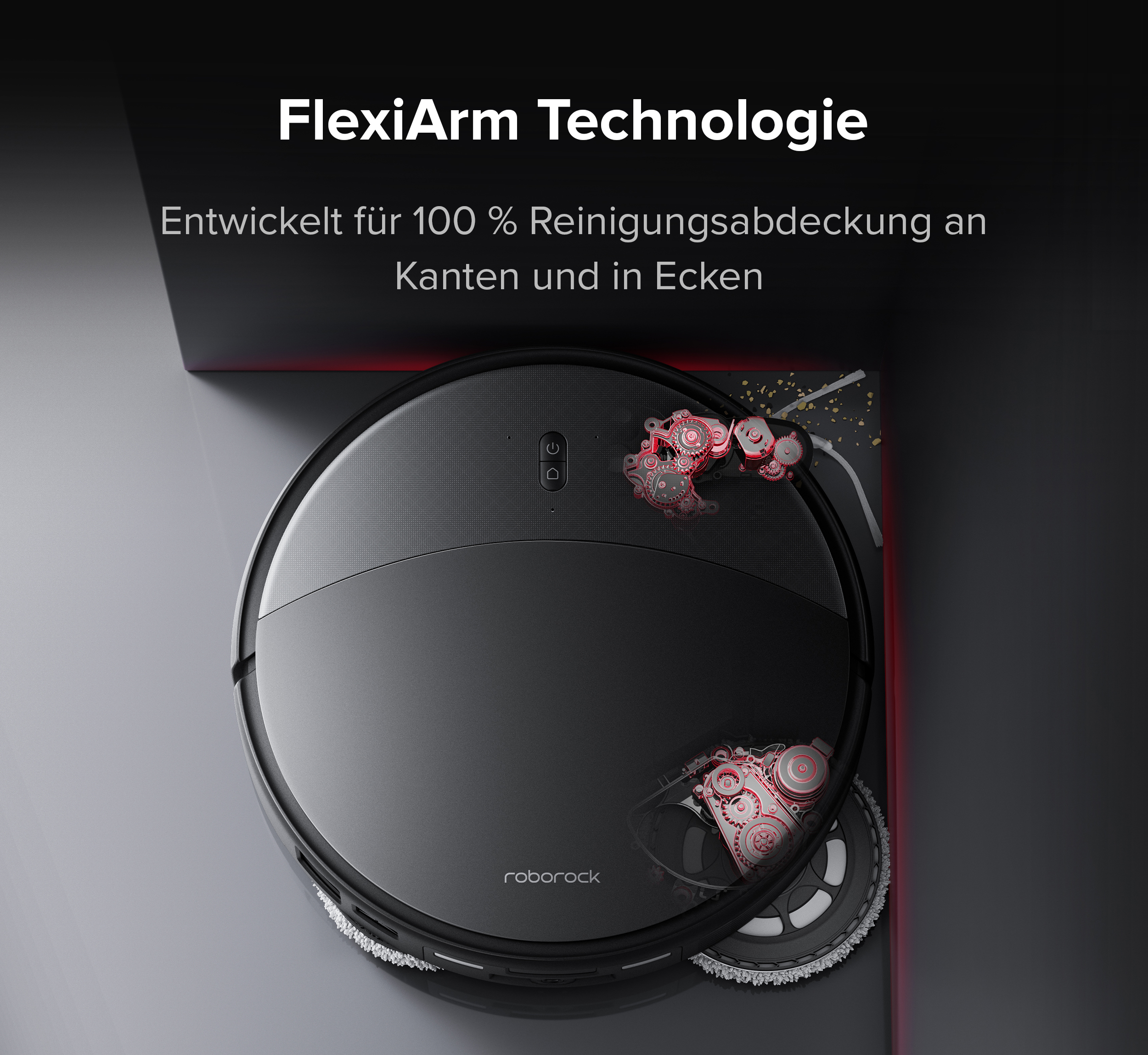 Schwarzer Saugroboter mit sichtbarem Getriebe und Bürsten. Text: FlexiArm Technologie.