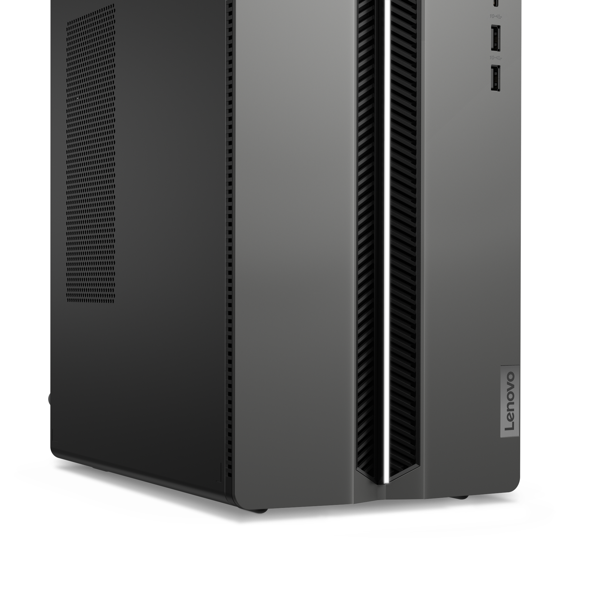 Grauer Lenovo PC-Turm mit silbernem Lenovo-Logo und USB-Anschlüssen.