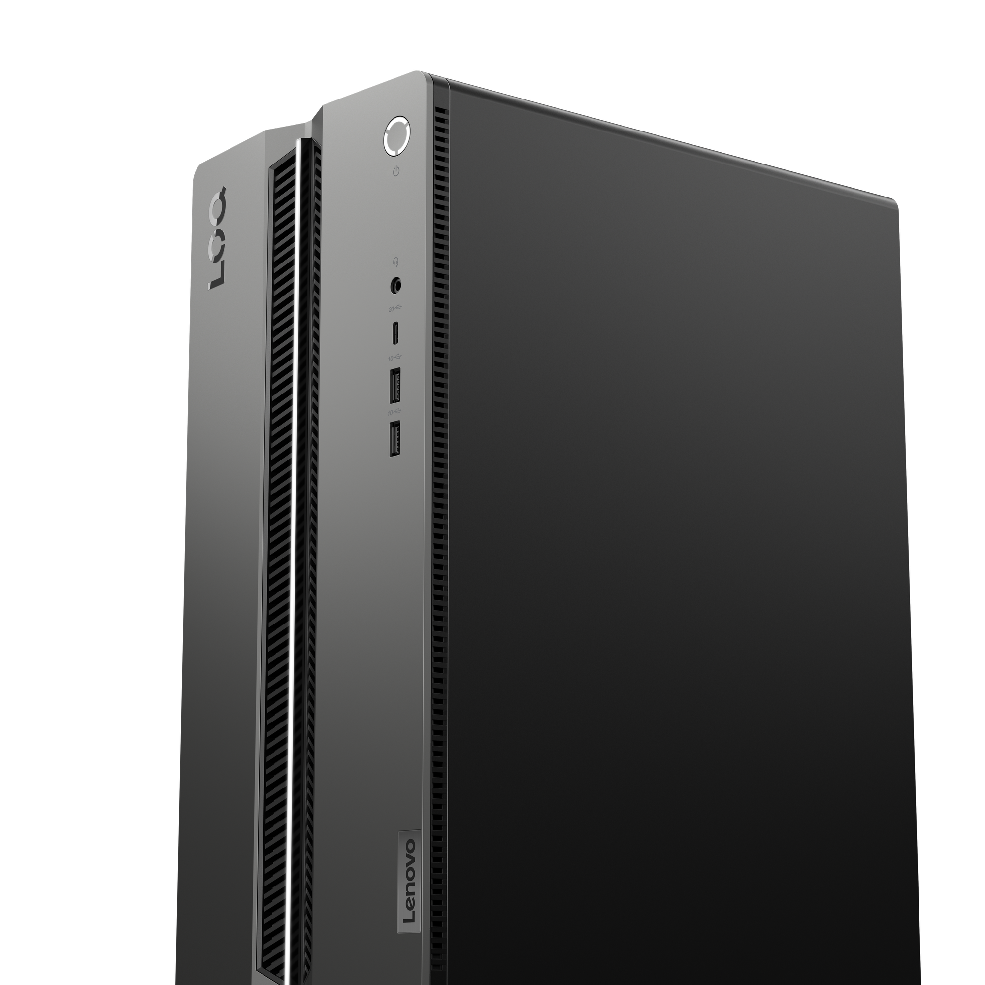 Grauer Lenovo Desktop mit silbernem Logo und Anschlüssen.