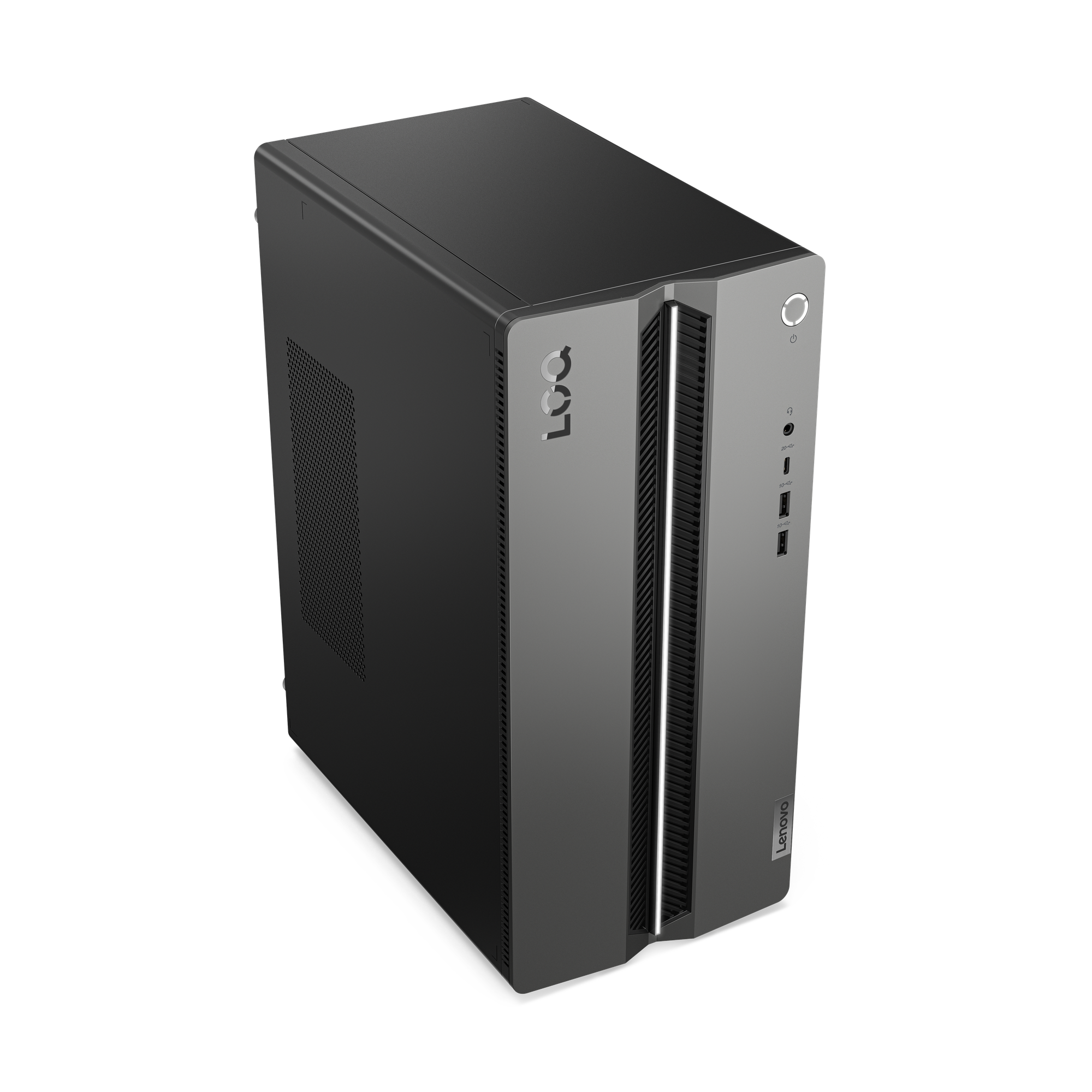 Ein grauer Lenovo PC-Tower mit Lüftungsschlitzen und Anschlüssen an der Vorderseite.