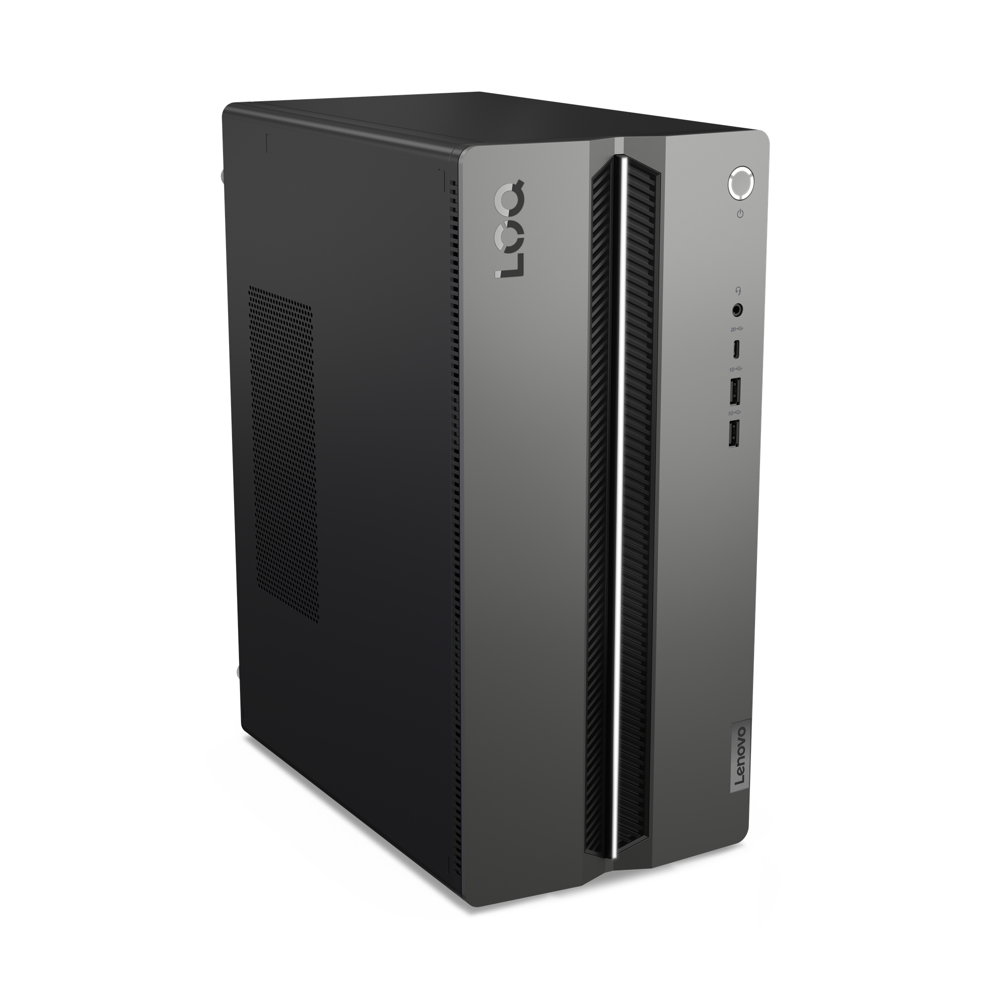 Ein schwarzes Lenovo LOQ Gaming-Desktop-Gehäuse mit silberner Front und Lüftungsschlitzen.