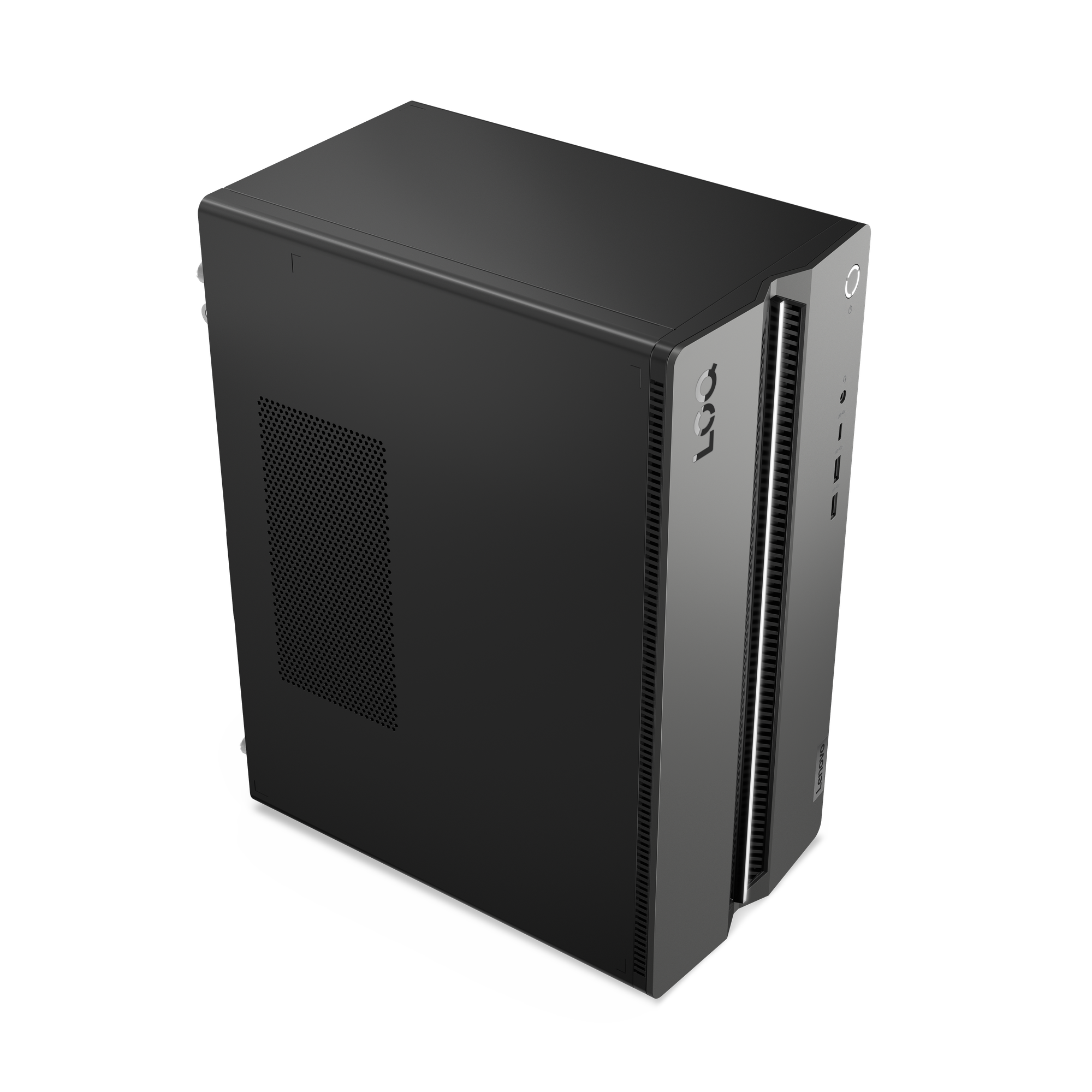 Ein schwarzer Desktop-PC mit Lüftungsschlitzen und Anschlüssen vorne.