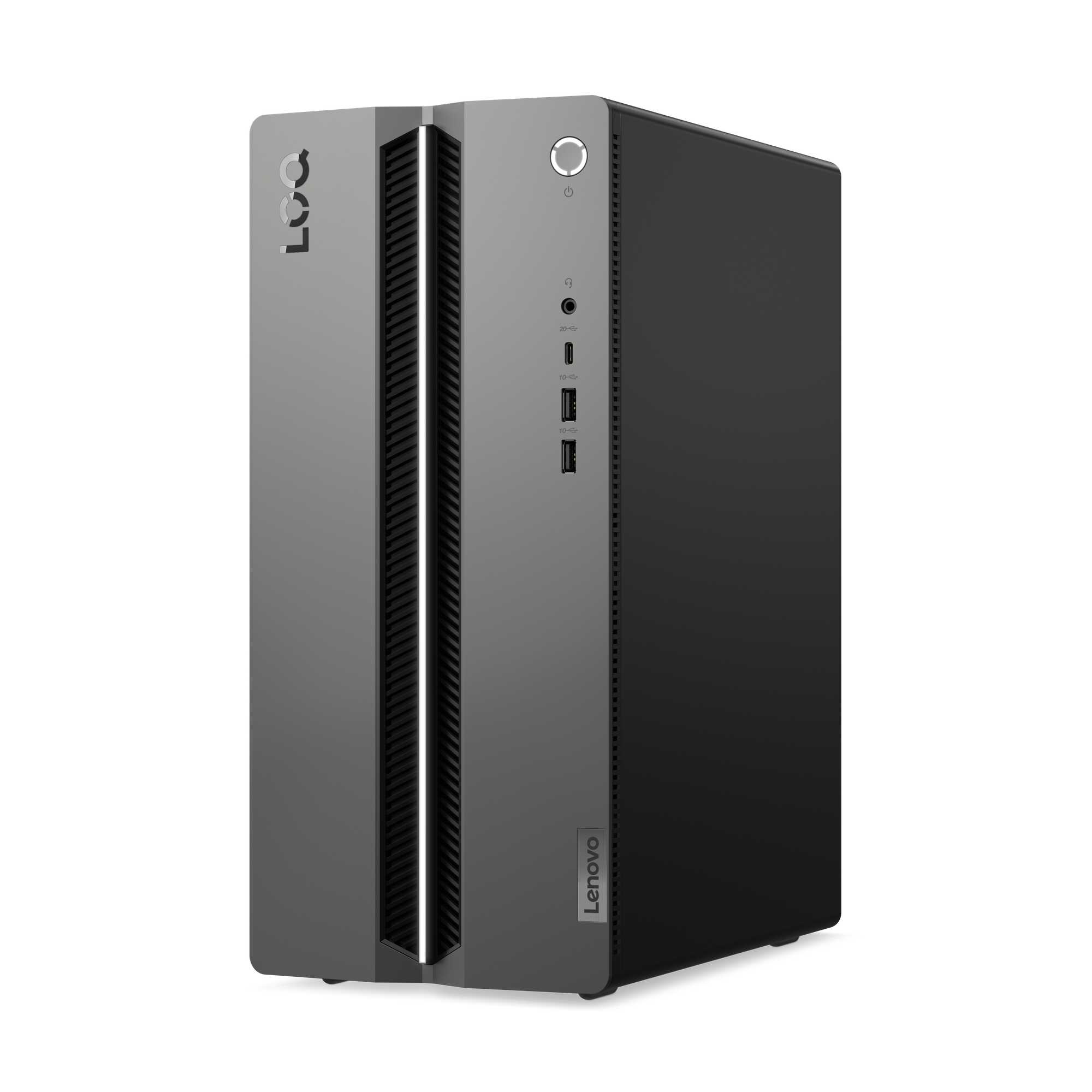 Grauer Lenovo Gaming PC mit Lüftungsschlitzen und Anschlüssen vorne.