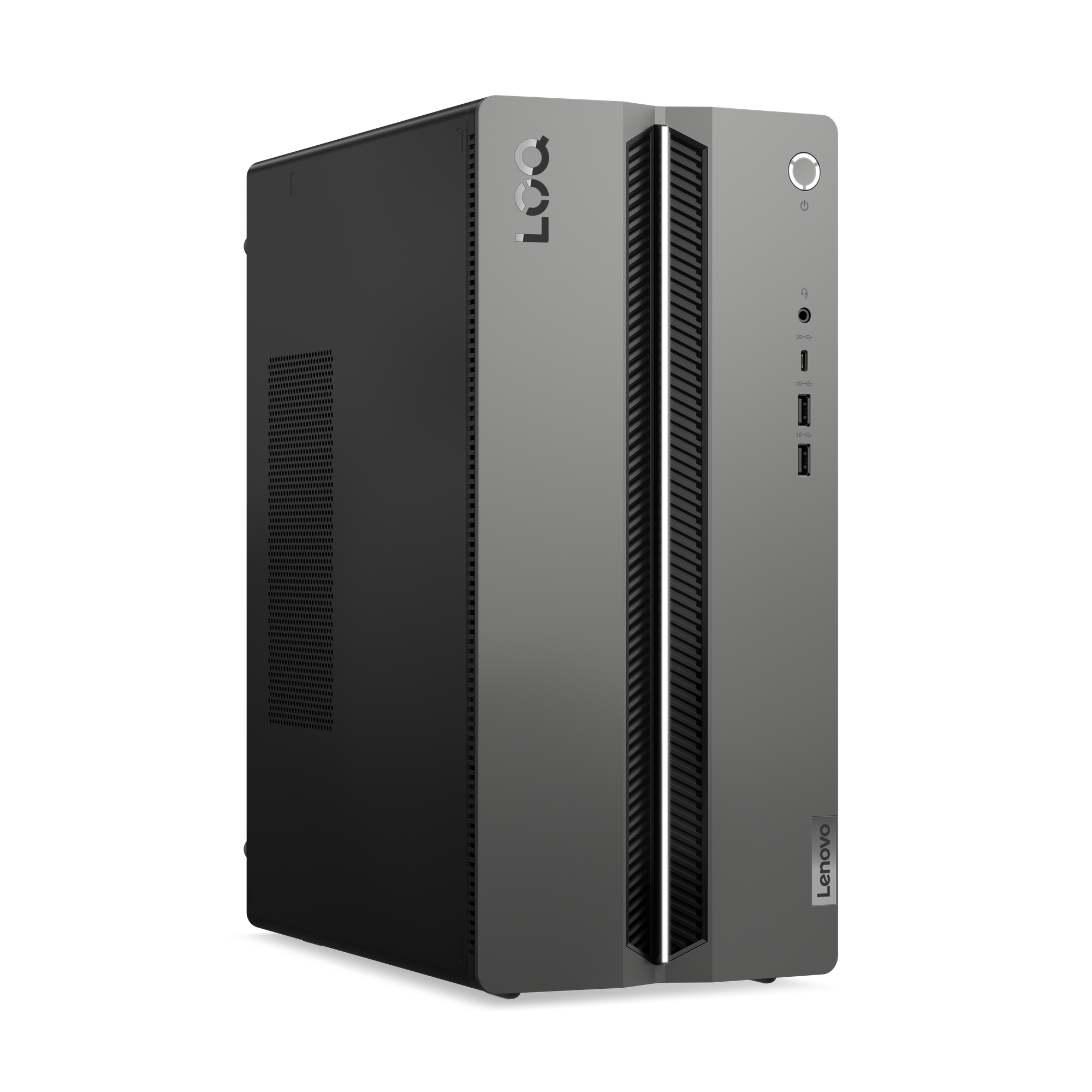 Ein grauer Lenovo LOQ Desktop-PC mit USB-Anschlüssen und Netzschalter.