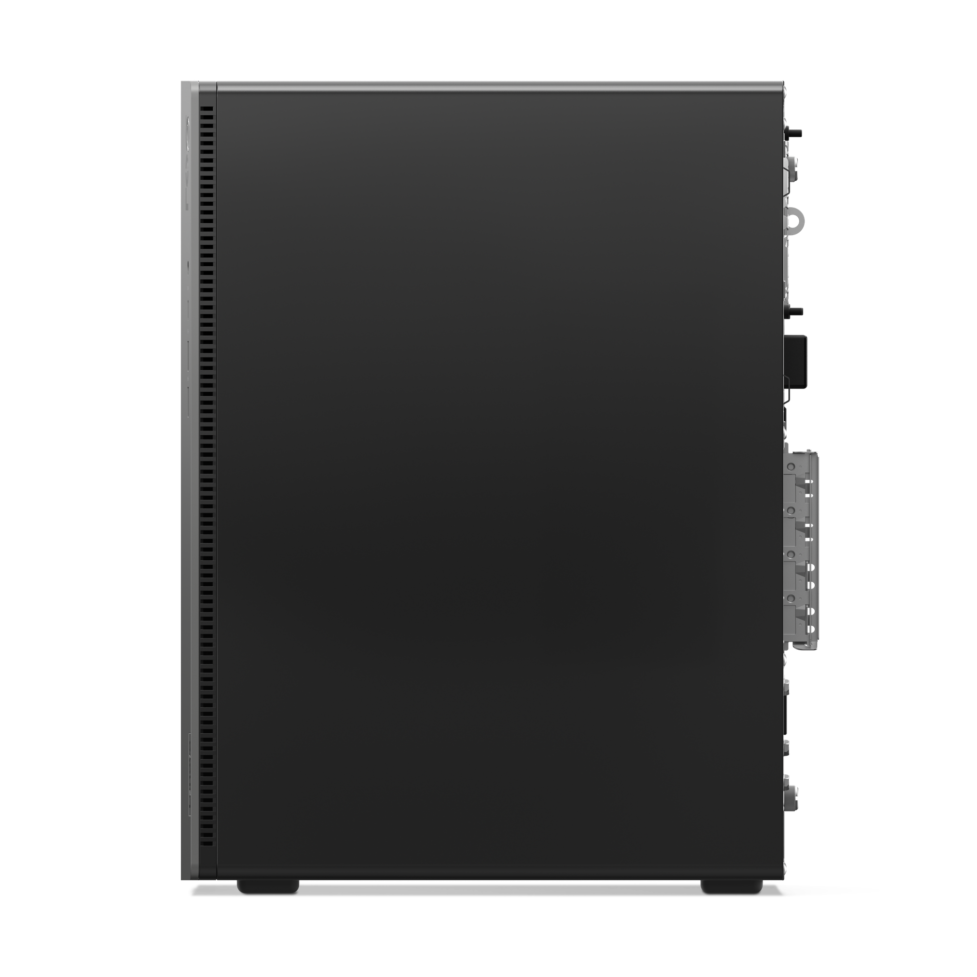 Schwarzes Computergehäuse mit silbernen Anschlüssen und Lüftungsschlitzen.