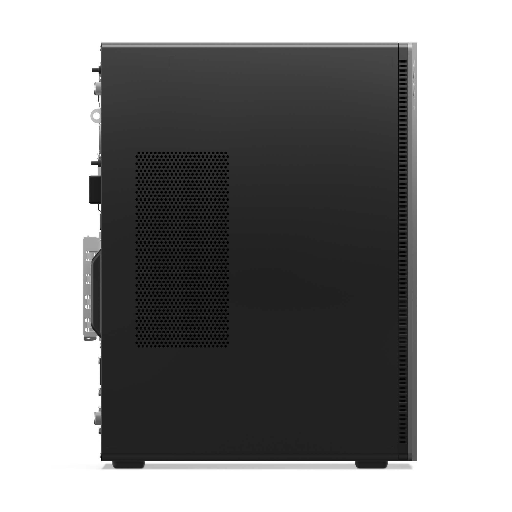 Schwarzes Computergehäuse im Seitenprofil mit Lüftungsschlitzen und Anschlüssen.
