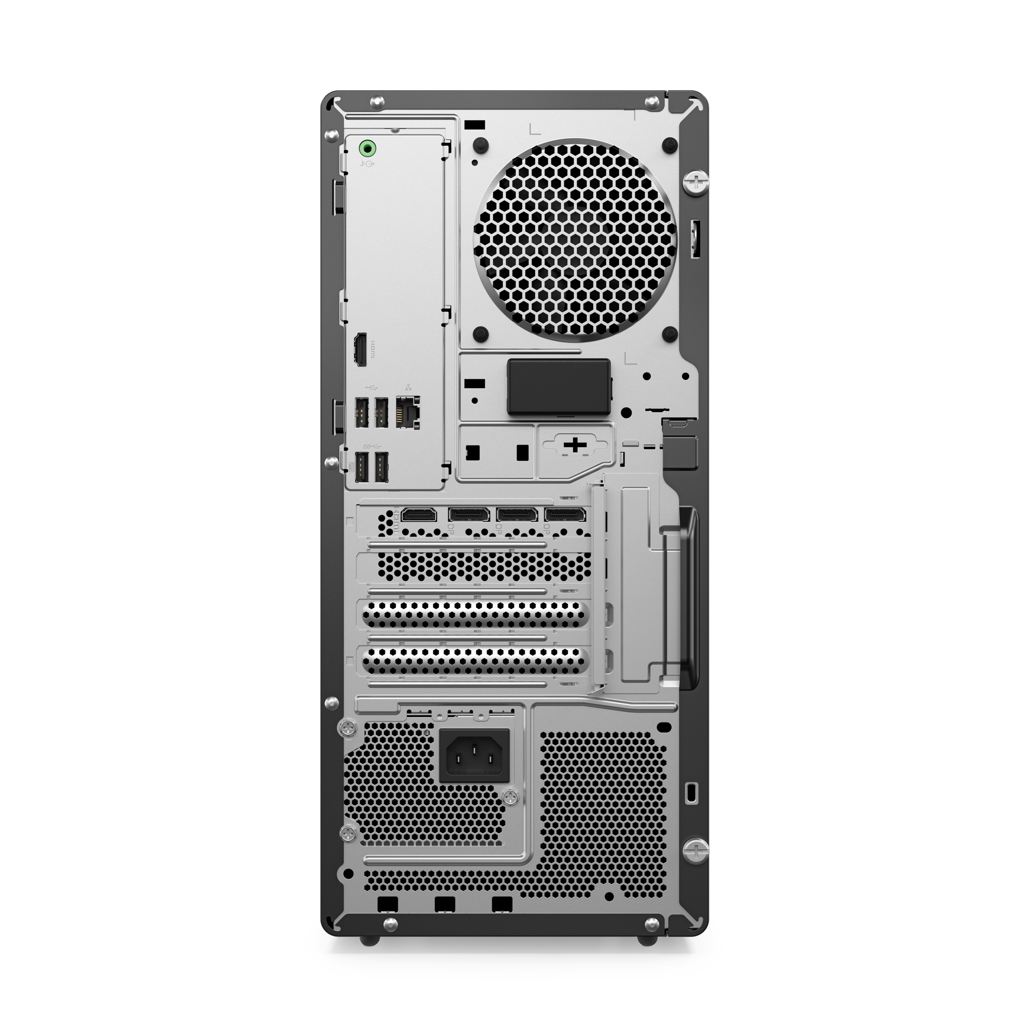 Rückseite eines PCs mit Anschlüssen: USB, HDMI, Audio, Stromversorgung und Lüfter.