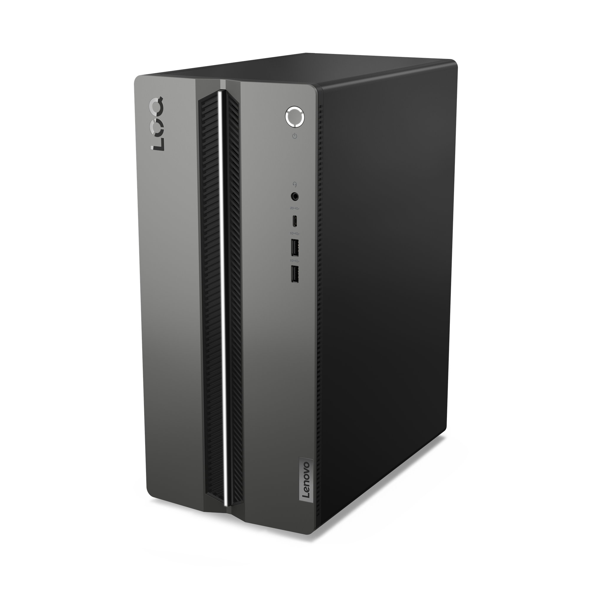Grauer Lenovo PC-Turm mit Lüftungsschlitzen und Anschlüssen an der Vorderseite.