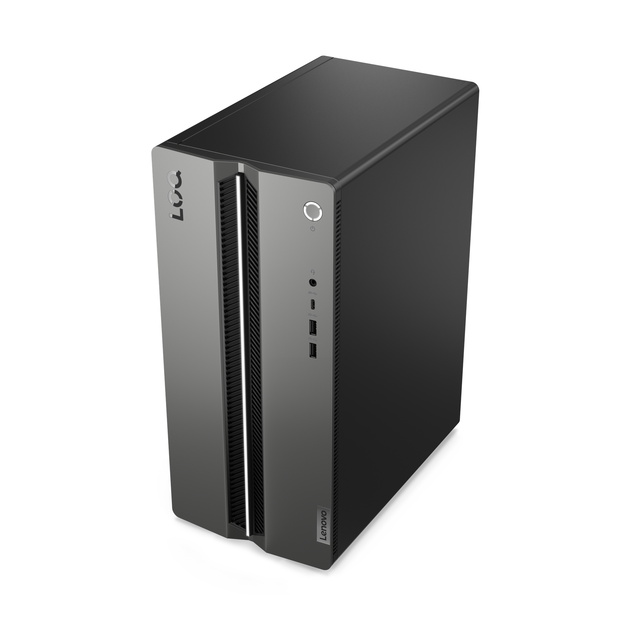 Schwarzer Lenovo Tower-PC mit silberner Vorderseite und Lüftungsschlitzen.