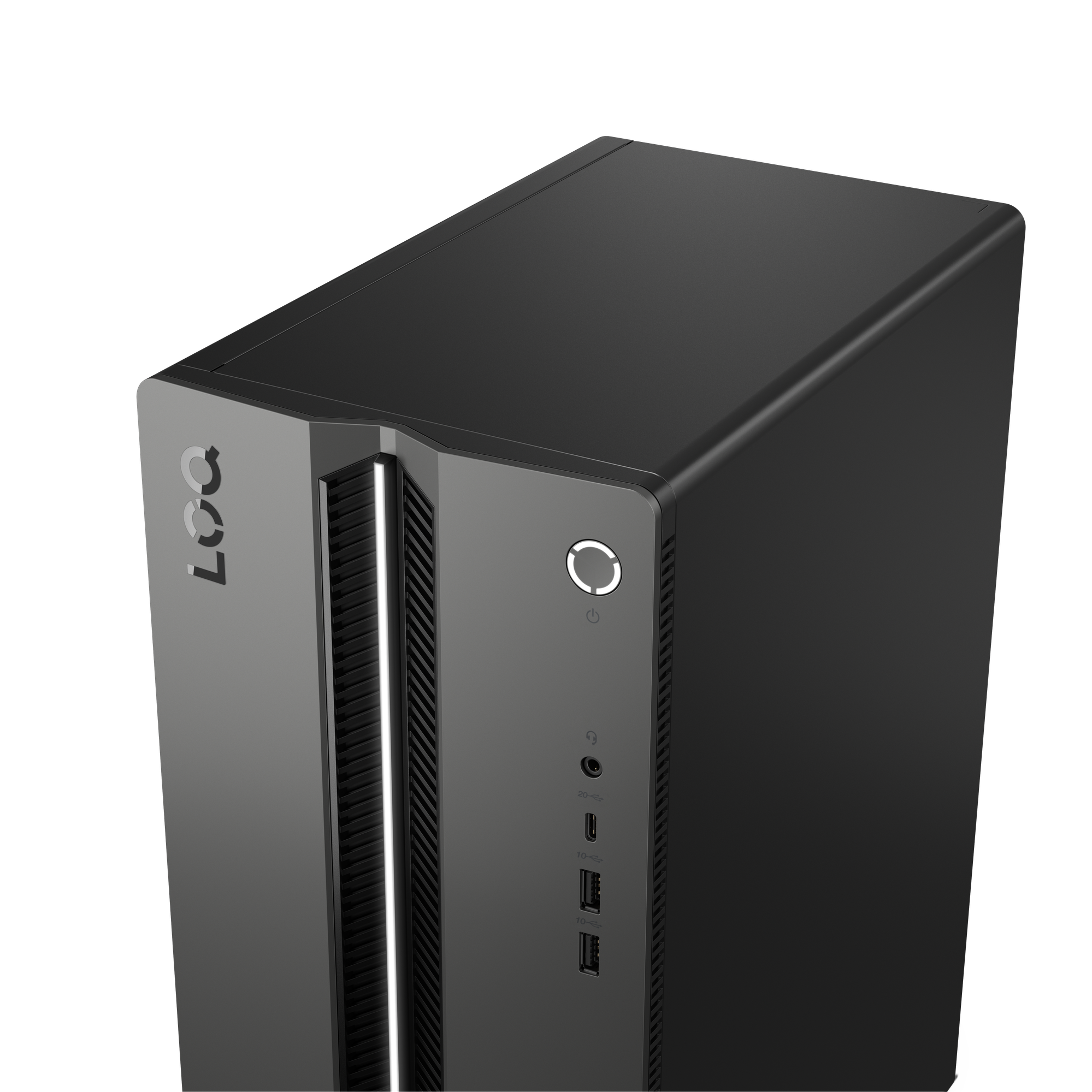 Schwarzes PC-Gehäuse mit silbernem Logo und beleuchteter Lüfterblende.