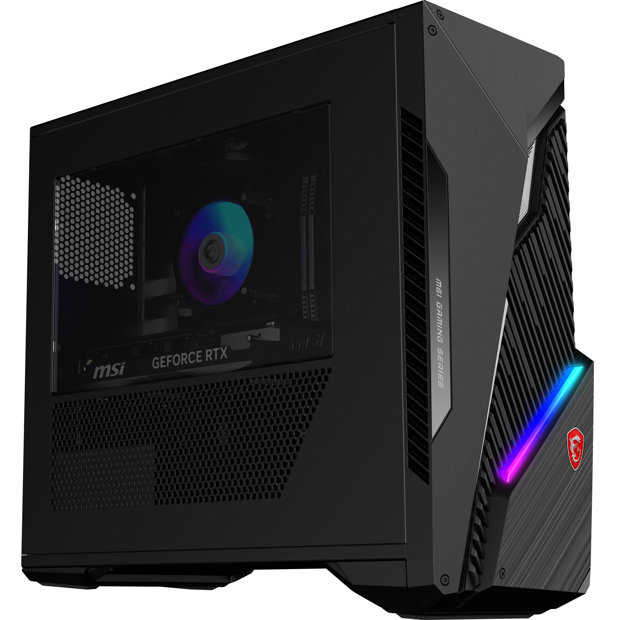 Schwarzer Gaming-PC mit beleuchtetem Lüfter, RGB-Beleuchtung und MSI-Logo.